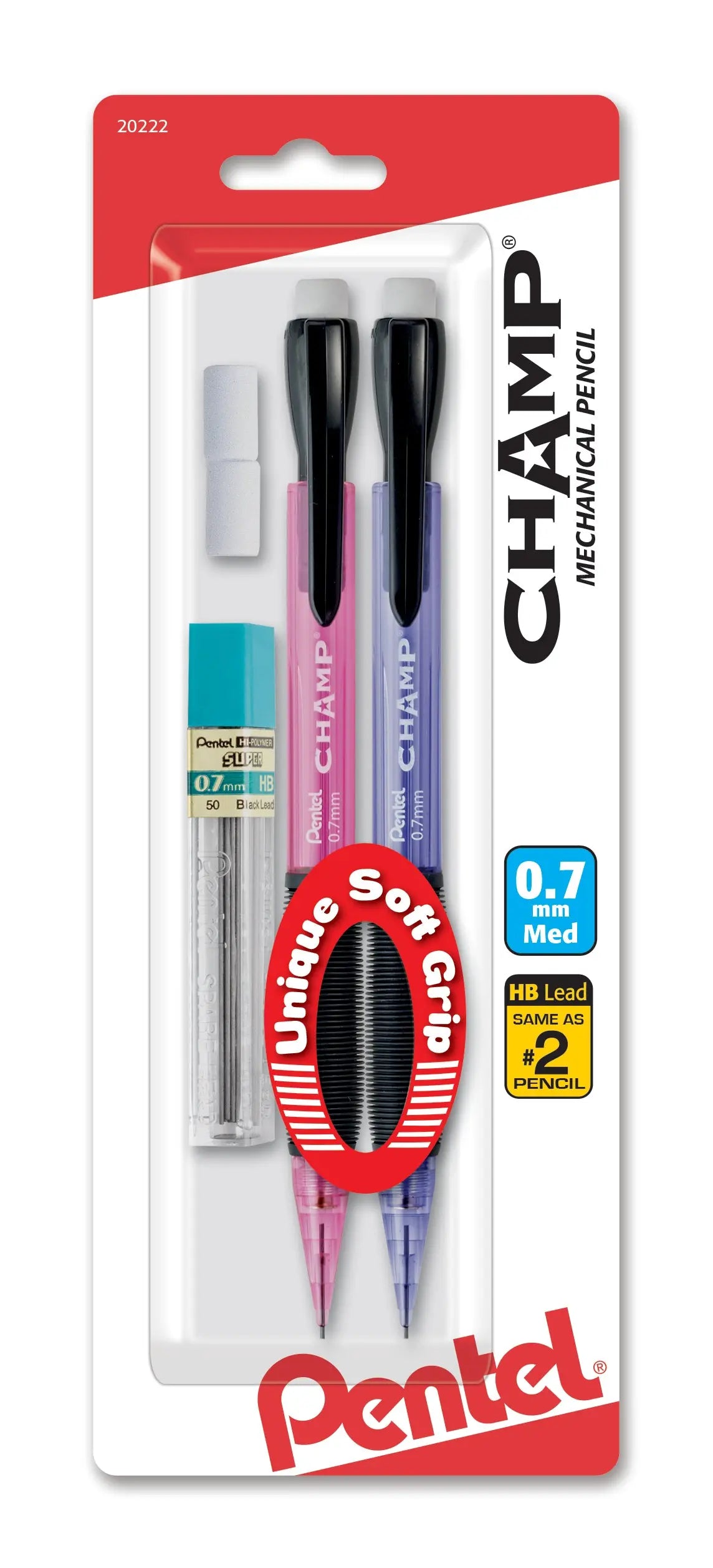 Two Pentel CHAMP mechanical pencils with 0.7mm lead size, soft grip, and eraser refills in clear pink and purple barrel packaging, ideal for precise writing and drawing.