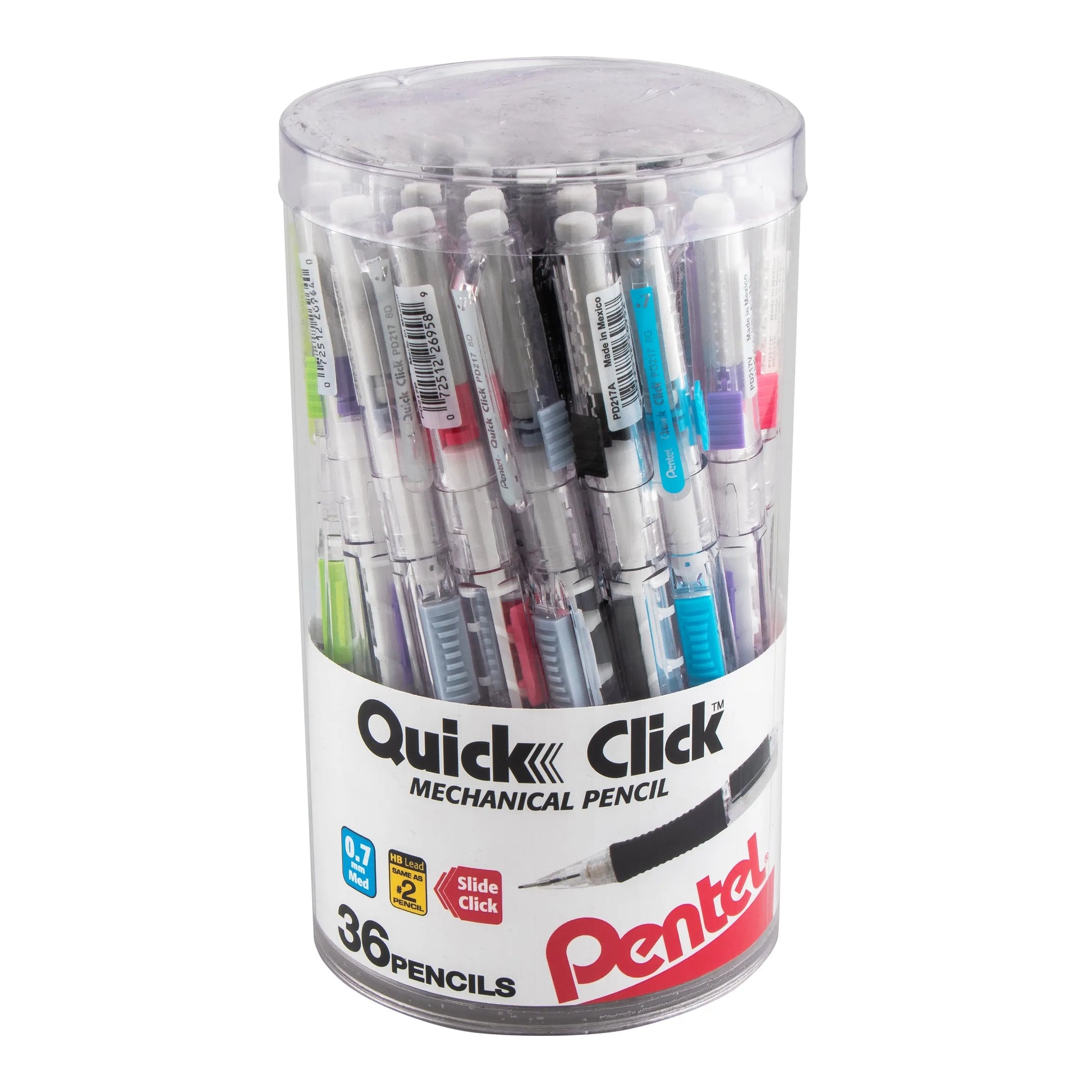 Quick Click Mechanical Pencil, (0.7mm) Med line, Canister, Assorted Colors (A/D/N/P/S/V), 36 - pk - Pentel of America, Ltd.