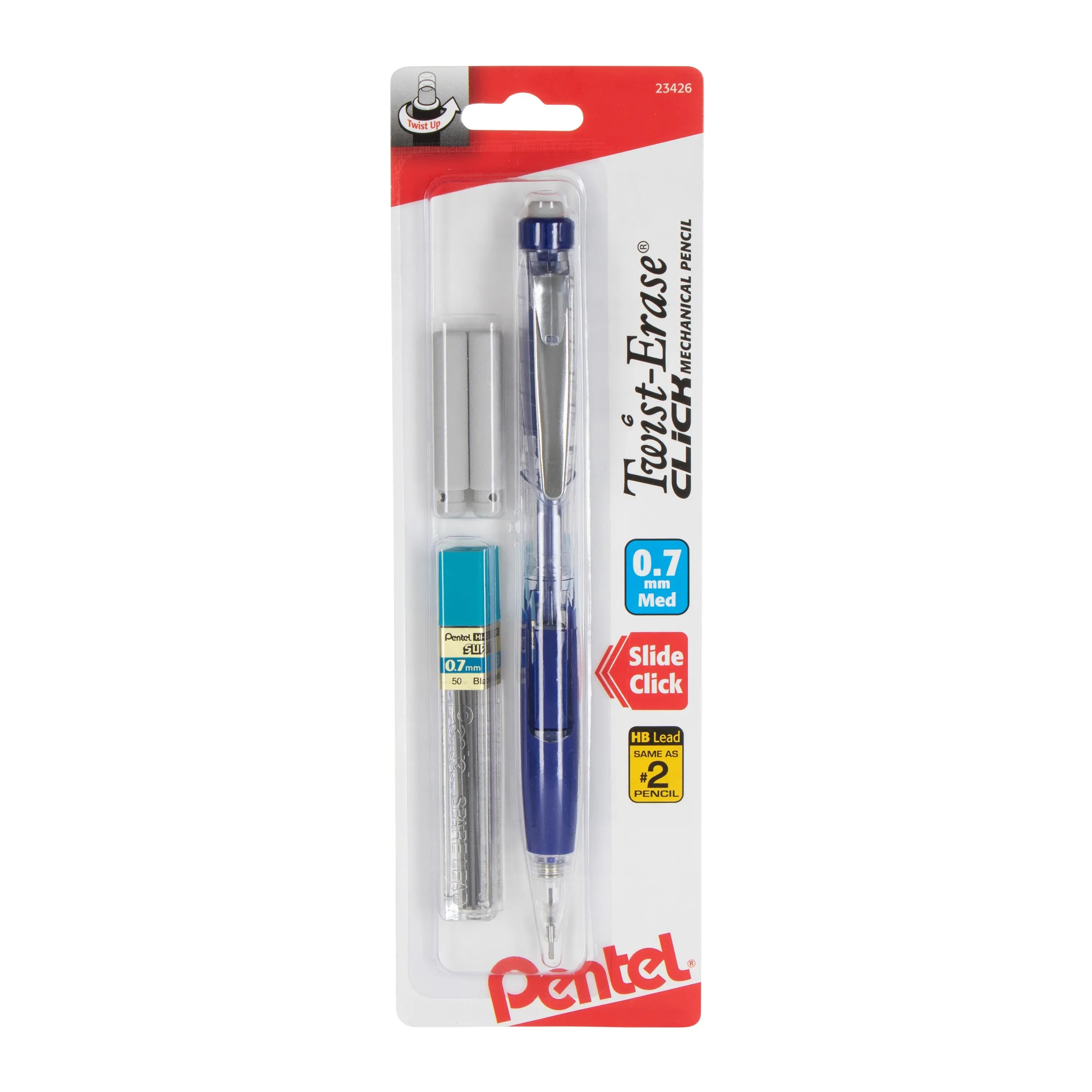 Clear barrel mechanical pencil with blue grip, 0.7 mm medium lead, extra lead refills, and two erasers in retail packaging, designed for smooth writing and easy erasing.