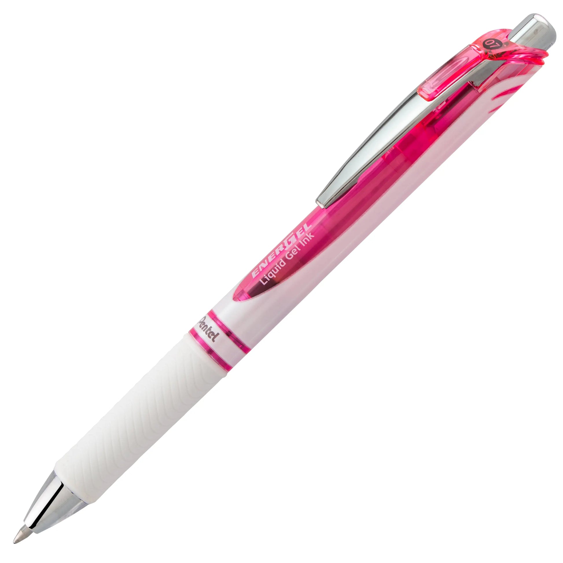 Retractable gel pen with a 0.7mm metal tip, pink translucent body, white grip, and smooth black ink for precise, consistent writing in premium style.