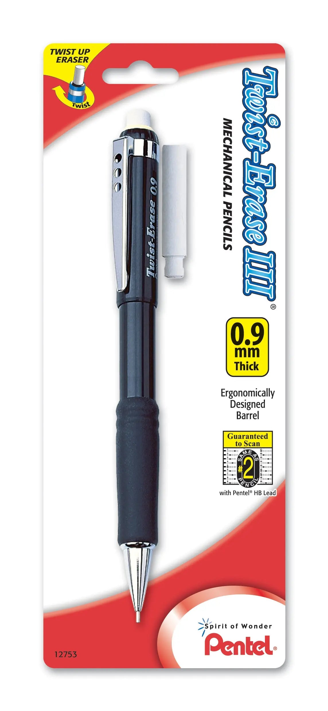 Black mechanical pencil with ergonomic grip and twist-up eraser, featuring 0.9 mm thick lead and packaged with an extra eraser refill for smooth writing and precise erasing.