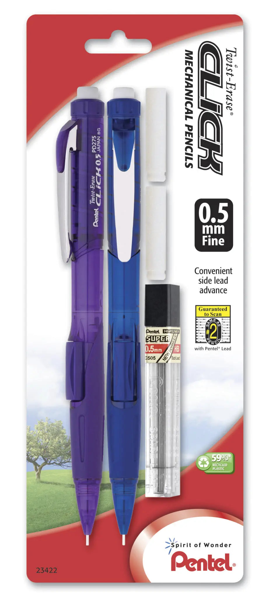 Two clear barrel mechanical pencils with twist-erase feature, 0.5mm fine lead size, including lead refills and erasers, designed as premium writing tools with reliable quality.