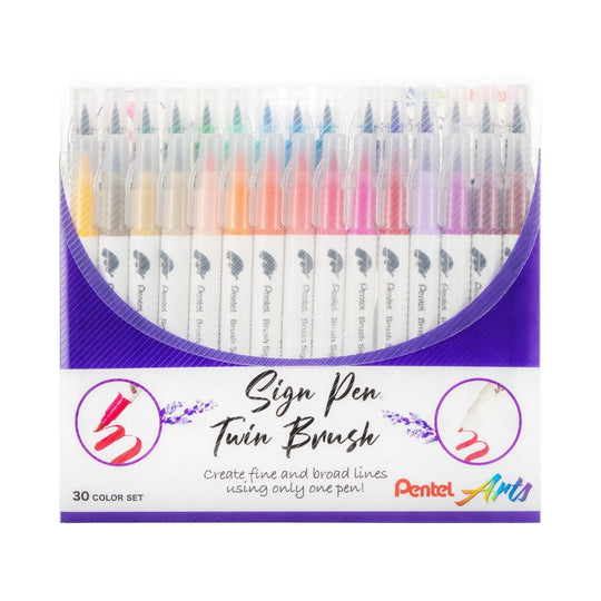Sign Pen Twin Brush, 30 - Pack, Assorted Colors, Plastic Box - Pentel of America, Ltd.