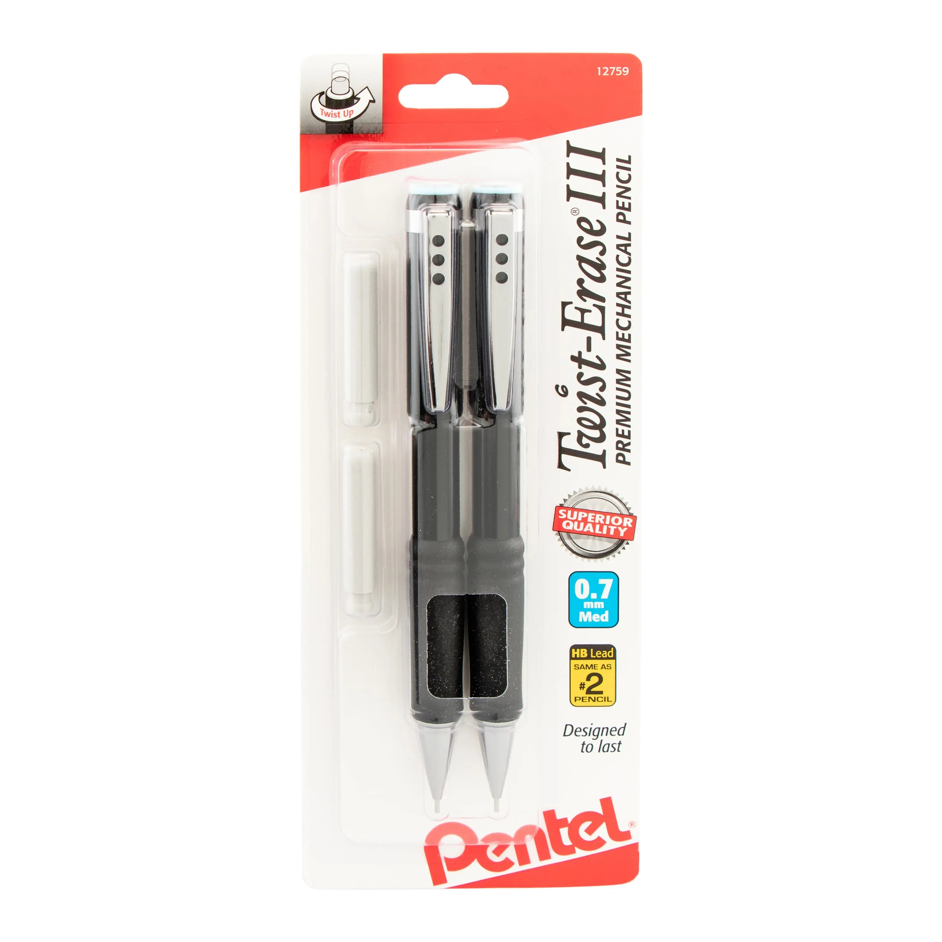 Two black mechanical pencils with 0.7mm lead and two eraser refills in retail packaging, featuring a twist-up eraser and comfortable grip for extended use.