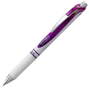 Retractable gel pen with violet accents and smooth metal tip, designed for consistent medium-line writing with liquid gel ink and a comfortable white grip.
