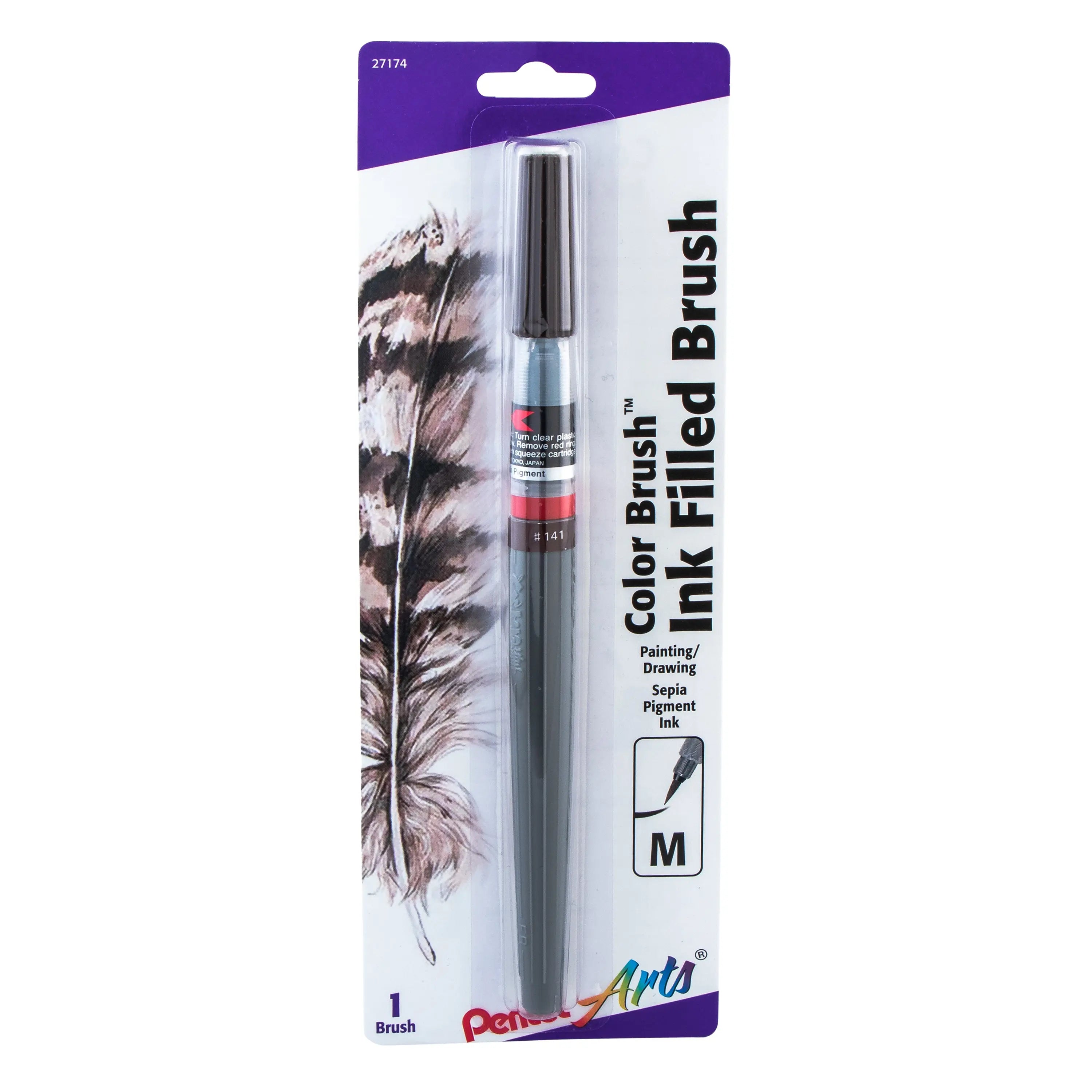Pentel arts color brush with flexible tip filled with sepia pigment ink for painting and drawing, displayed in clear packaging with feather design.