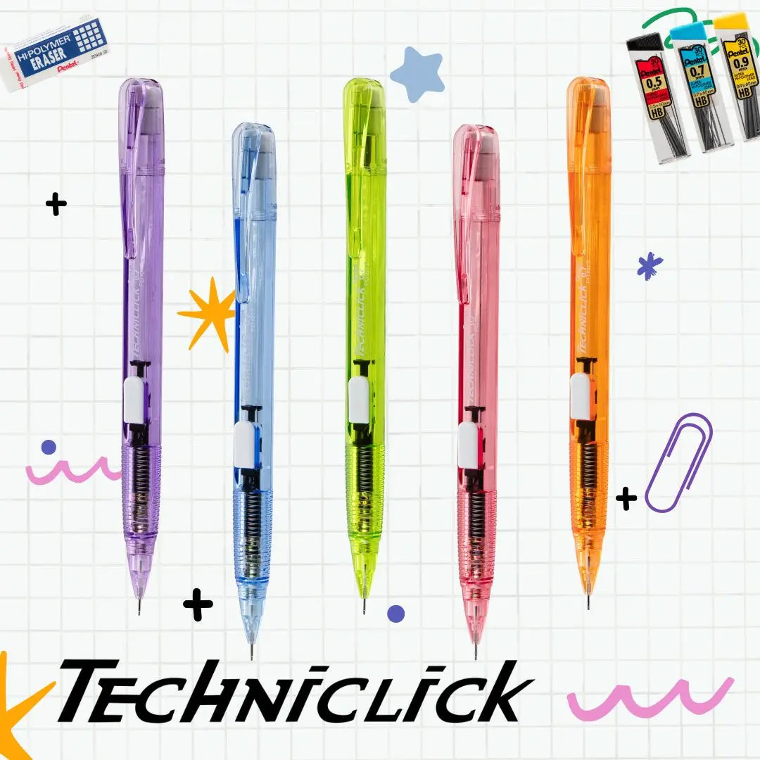 TECHNICLICK Mechanical Pencil (0.7mm), Assorted Clear Barrel Colors, 5 - pk - Pentel of America, Ltd.