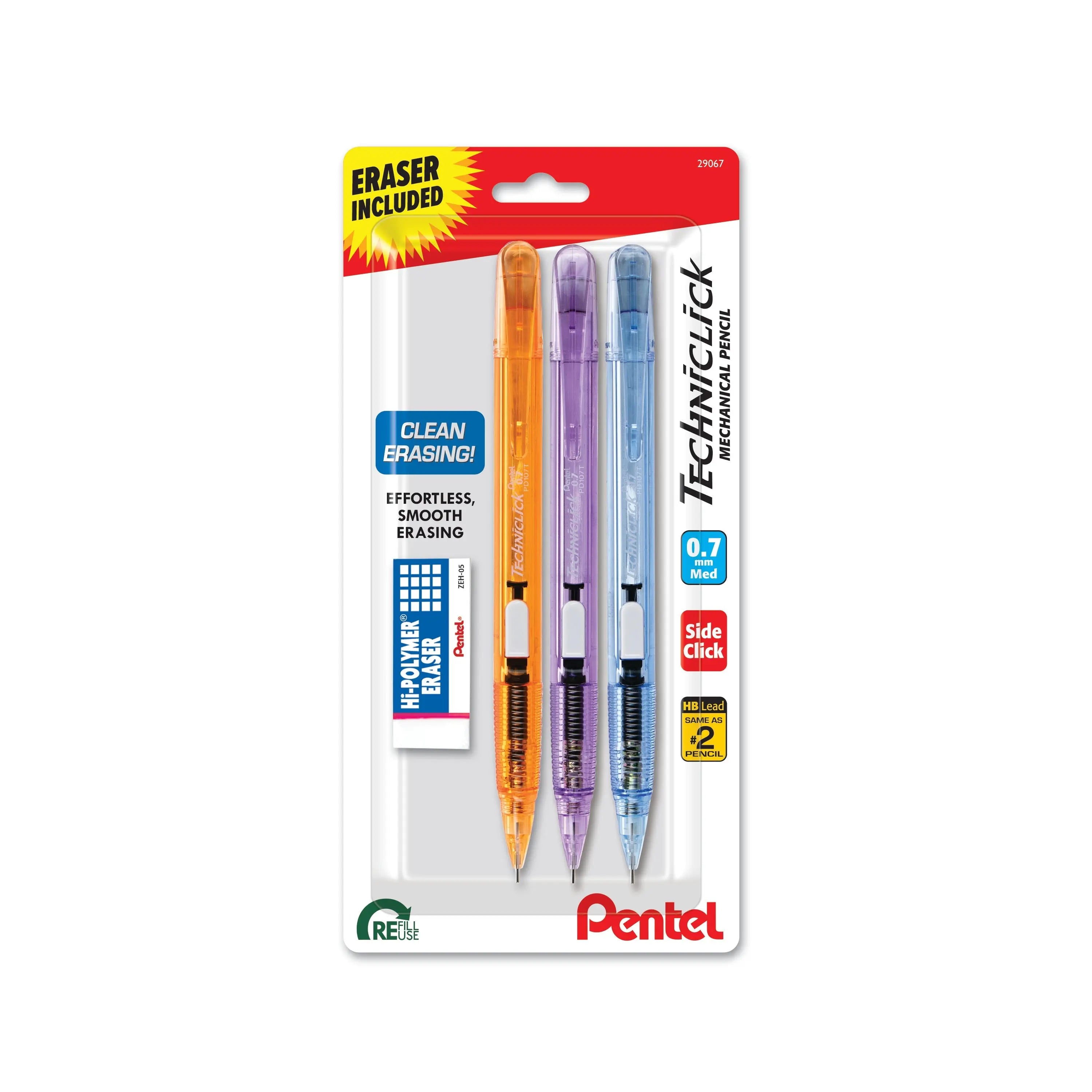 Techniclick Mechanical Pencil (0.7mm\) Medium Point, Assorted Barrel Colors, Small Block Eraser, 3 - Pk - Pentel of America, Ltd.