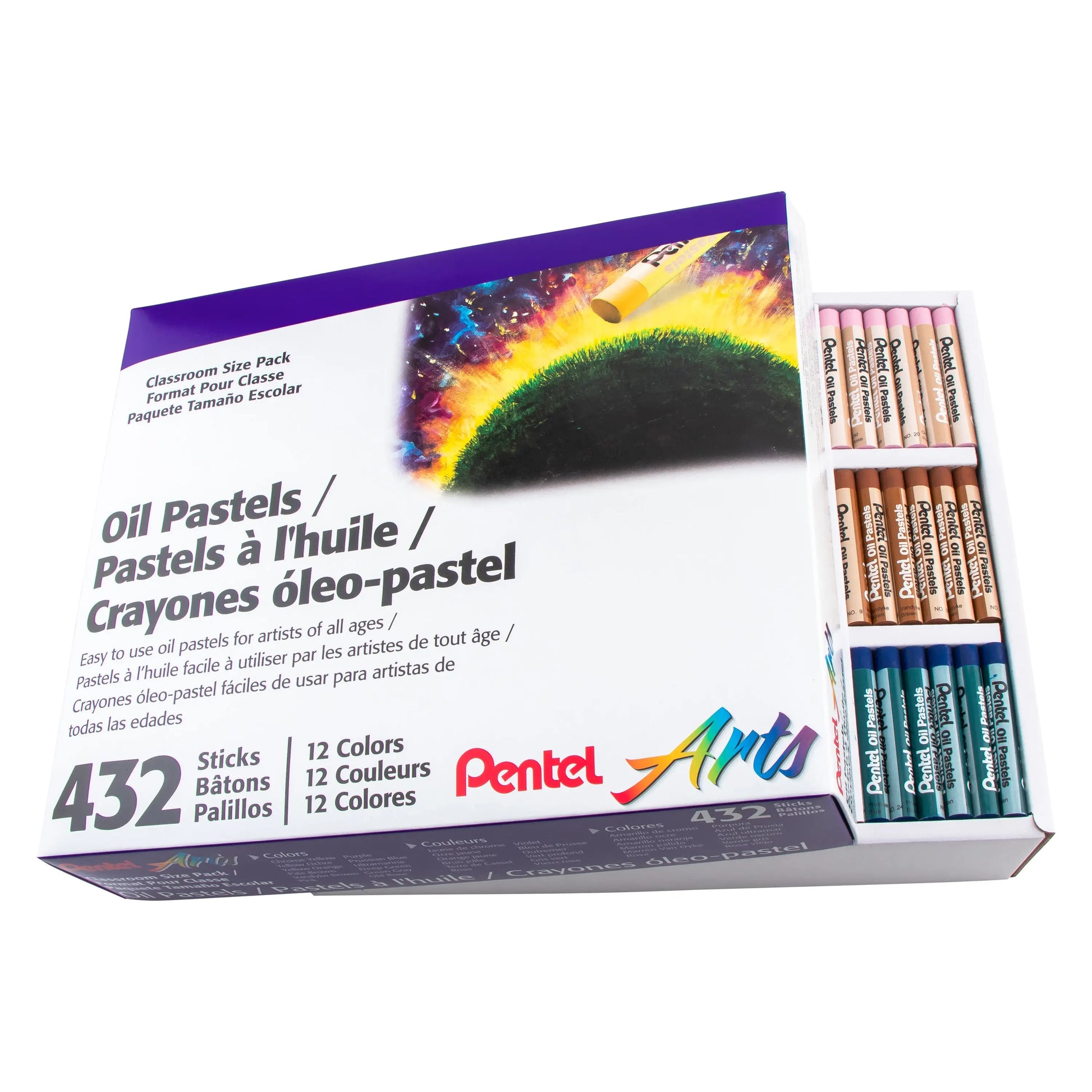 Box of vibrant oil pastels with 432 sticks in multiple colors, designed for smooth, premium art supplies ideal for classroom use and creative projects.