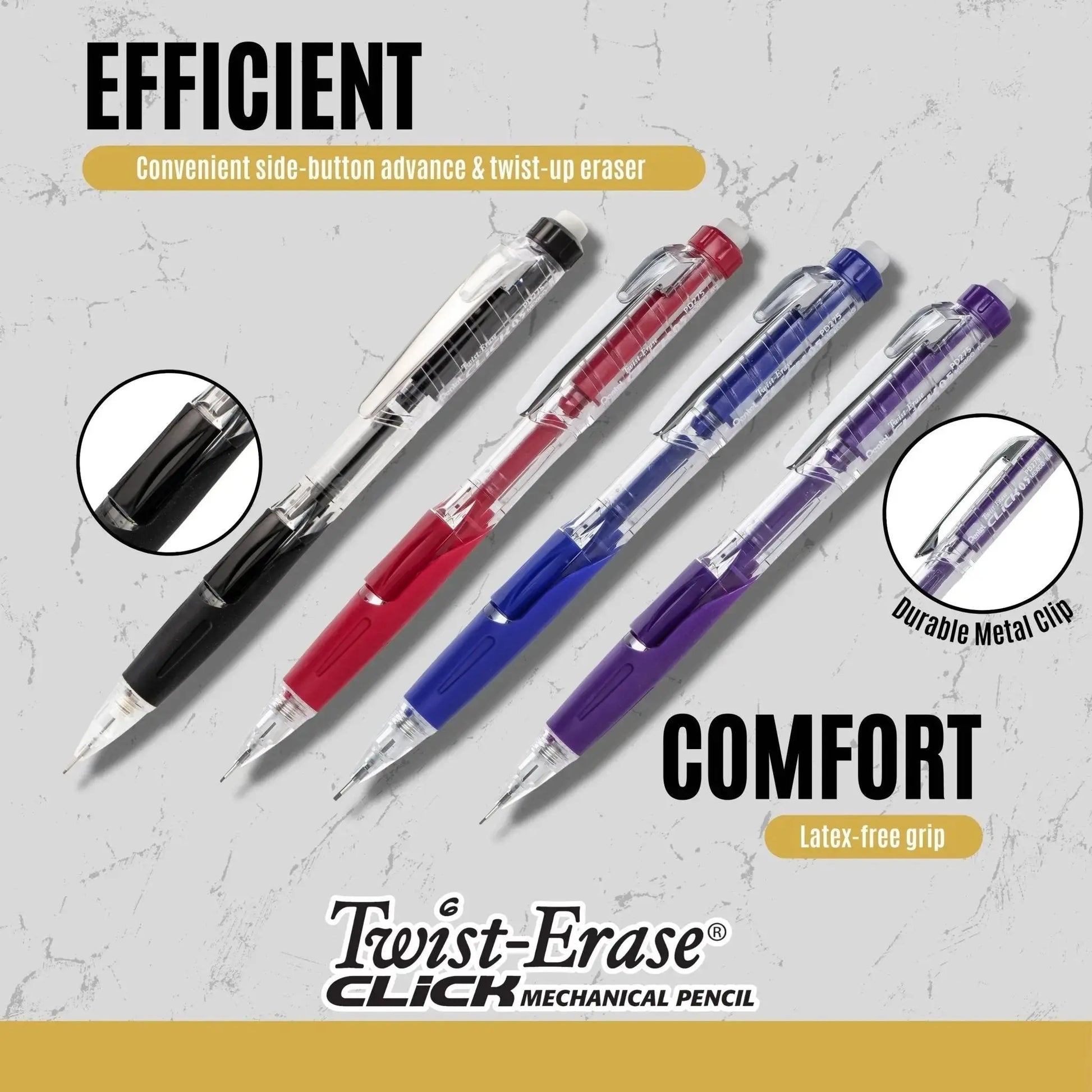 Four clear-barrel mechanical pencils with black, red, blue, and purple latex-free grips, featuring side-button advance, twist-up erasers, and durable metal clips.