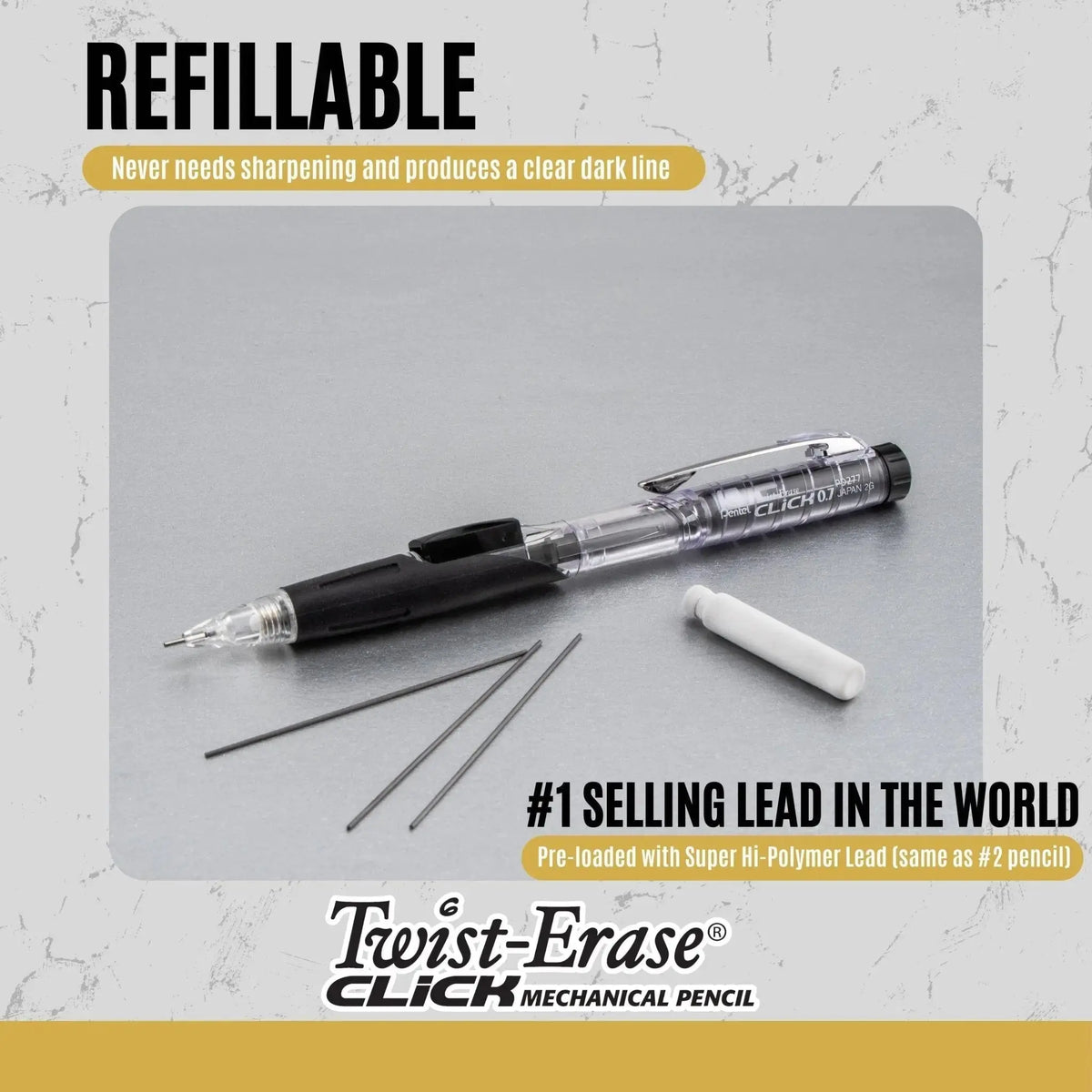 Clear mechanical pencil with black grip and clip, three lead refills and a white twist-erase eraser, highlighting refillable feature and smooth dark lead for premium writing tools.