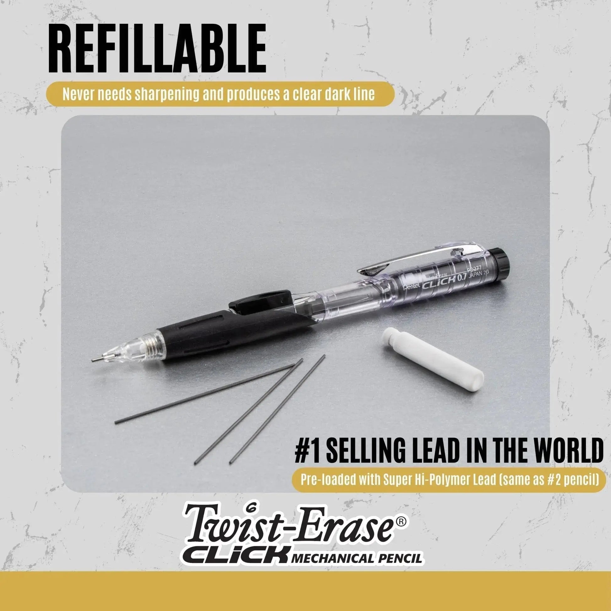 Clear barrel mechanical pencil with black grip, three lead refills, and a white eraser, highlighting refillable Super Hi-Polymer lead and ease of use for precise writing.