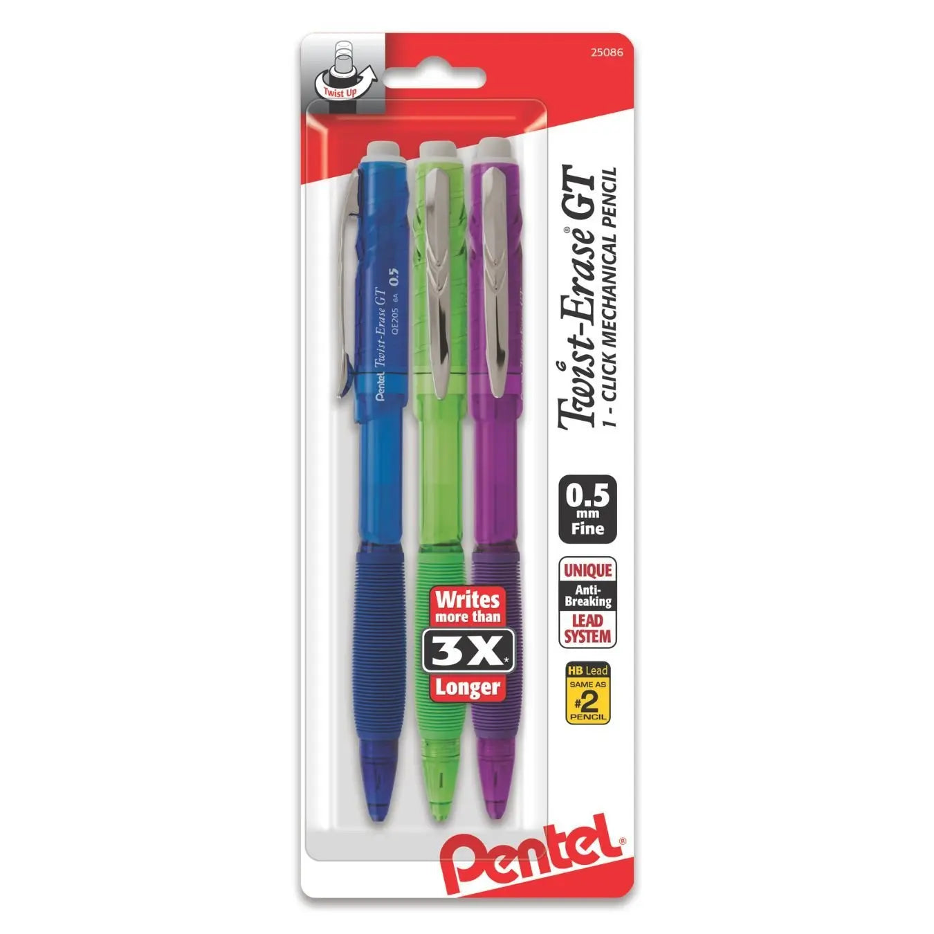 Twist - Erase GT Mechanical Pencil - 3 - pack Assorted Colors - Pentel of America, Ltd.