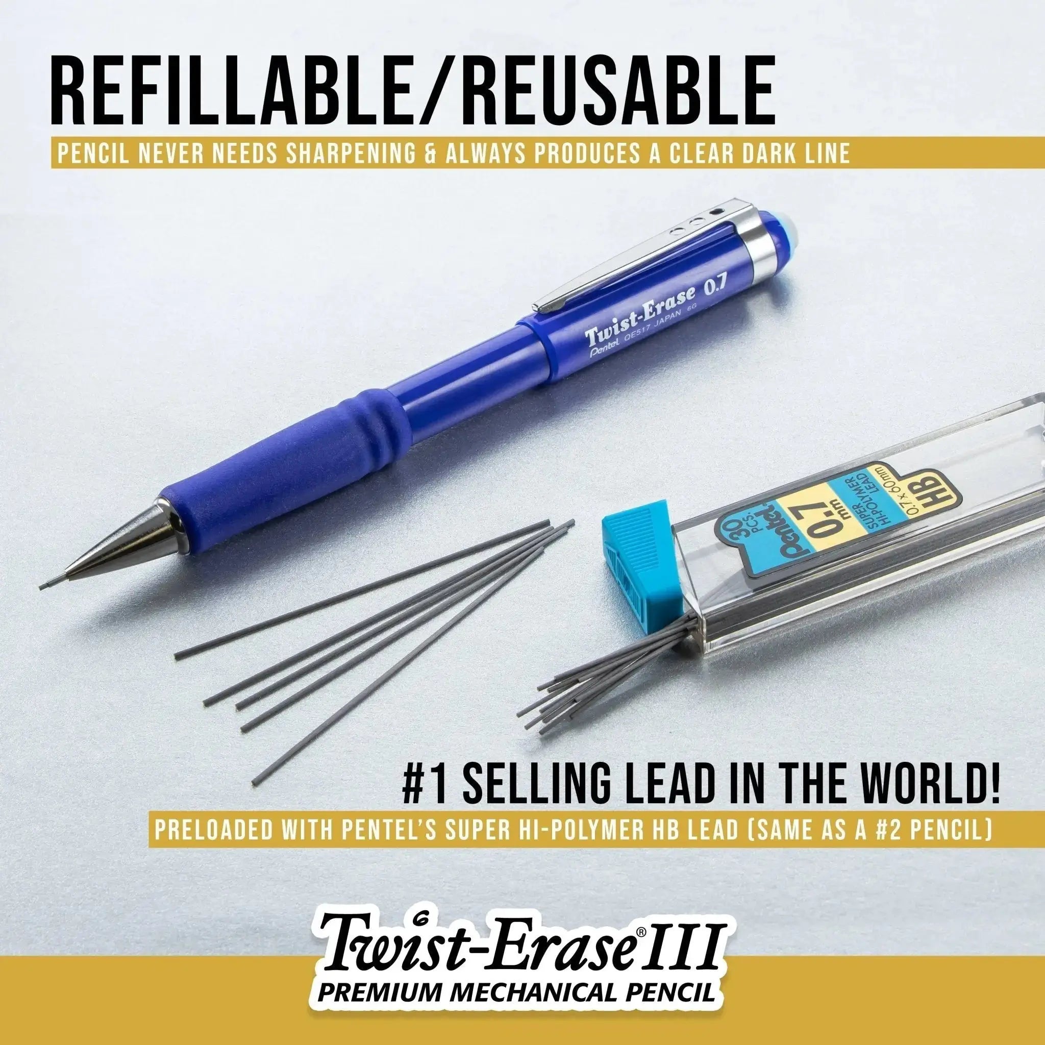 Close-up of a blue mechanical pencil with several 0.7mm lead refills beside it, highlighting its refillable design and smooth dark line capability as a premium writing tool.