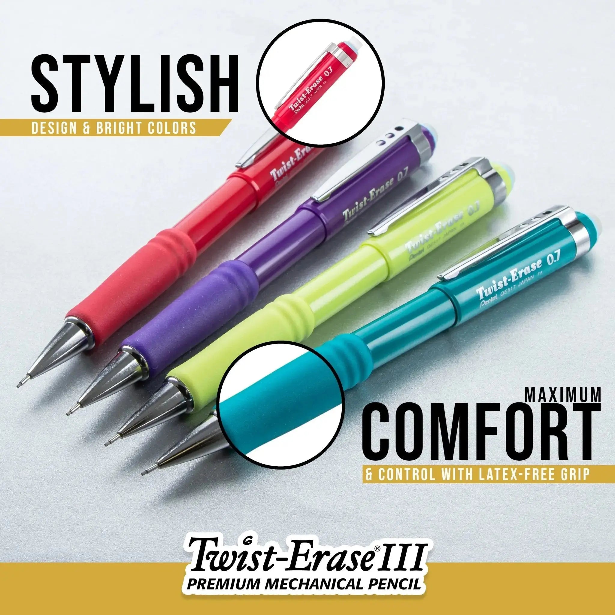 Four colorful mechanical pencils in red, purple, lime green, and teal with latex-free grips, highlighting comfort and stylish design for precise writing and erasing.