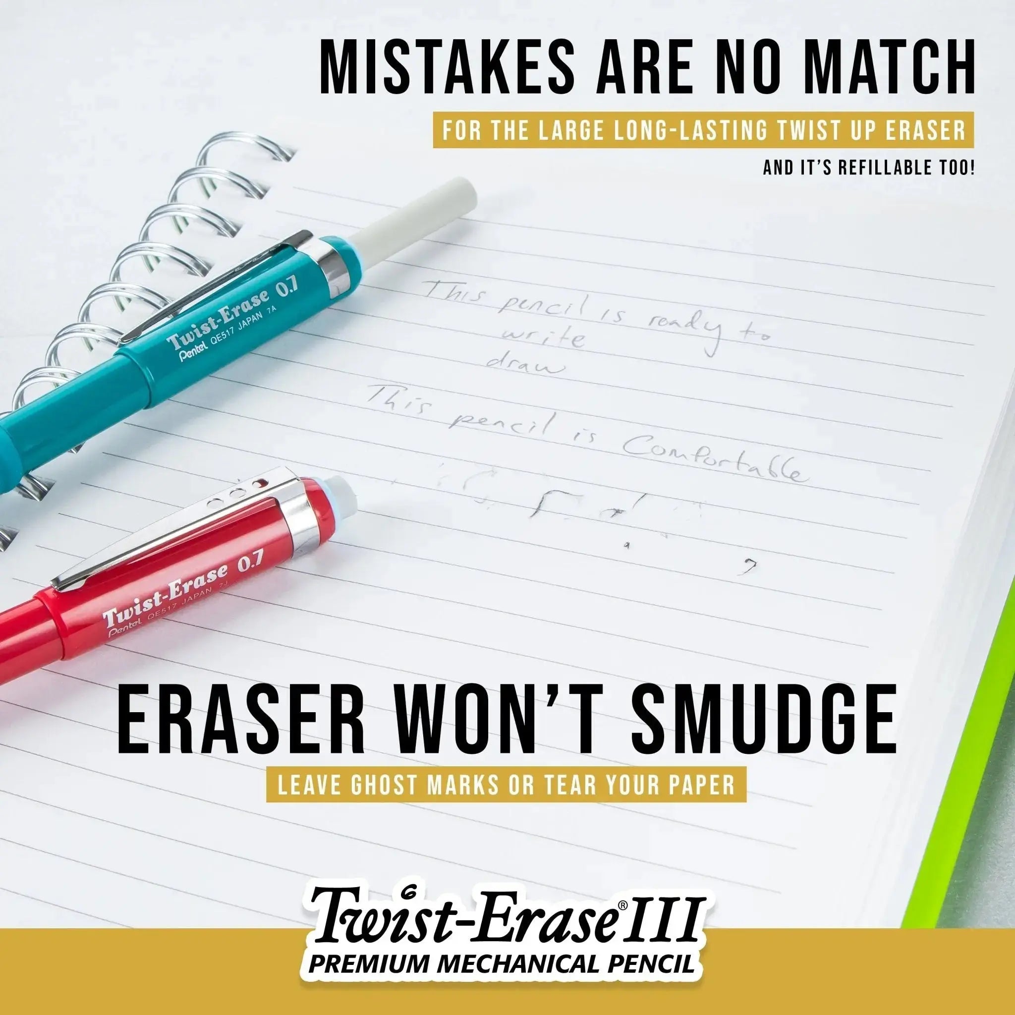 Two premium mechanical pencils with twist-up erasers, one teal and one red, resting on a notebook page showing clean, smudge-free erased pencil writing.