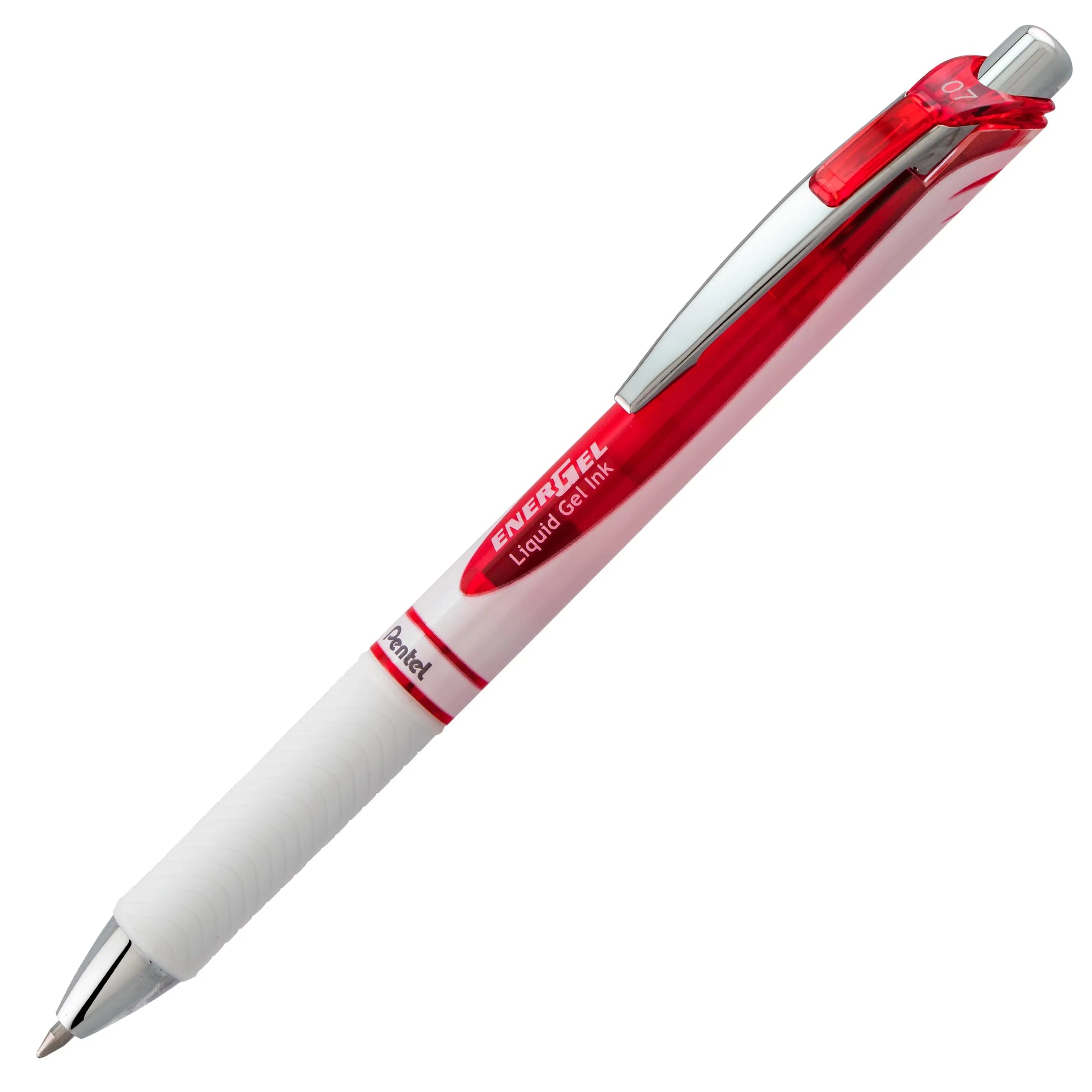 Sleek retractable gel pen with a smooth metal tip, red accents, and comfortable grip, designed for consistent, premium writing performance with vibrant red ink.