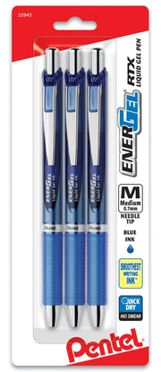 Three Pentel EnerGel liquid gel pens in blue ink with 0.7mm needle tips, packaged for smooth, quick-drying writing, showcasing a premium retractable design.