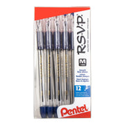 Clear plastic box containing 12 Pentel RSVP ballpoint pens with 1.0mm medium blue ink tips, designed for smooth, consistent writing with premium quality.