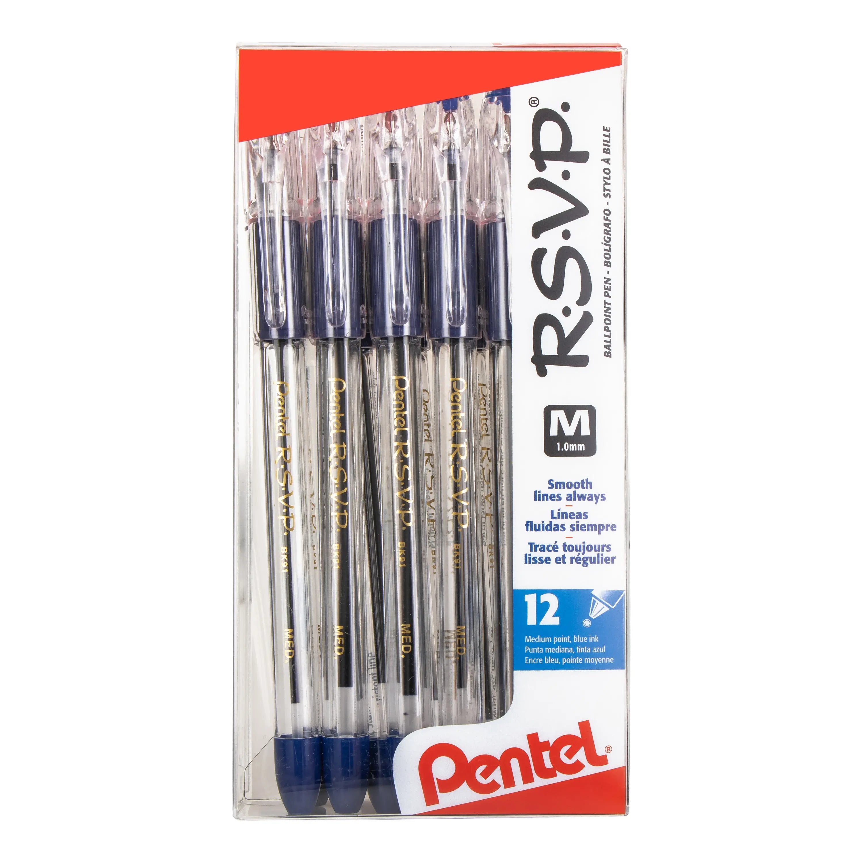 Clear plastic box containing 12 Pentel RSVP ballpoint pens with 1.0mm medium blue ink tips, designed for smooth, consistent writing with premium quality.