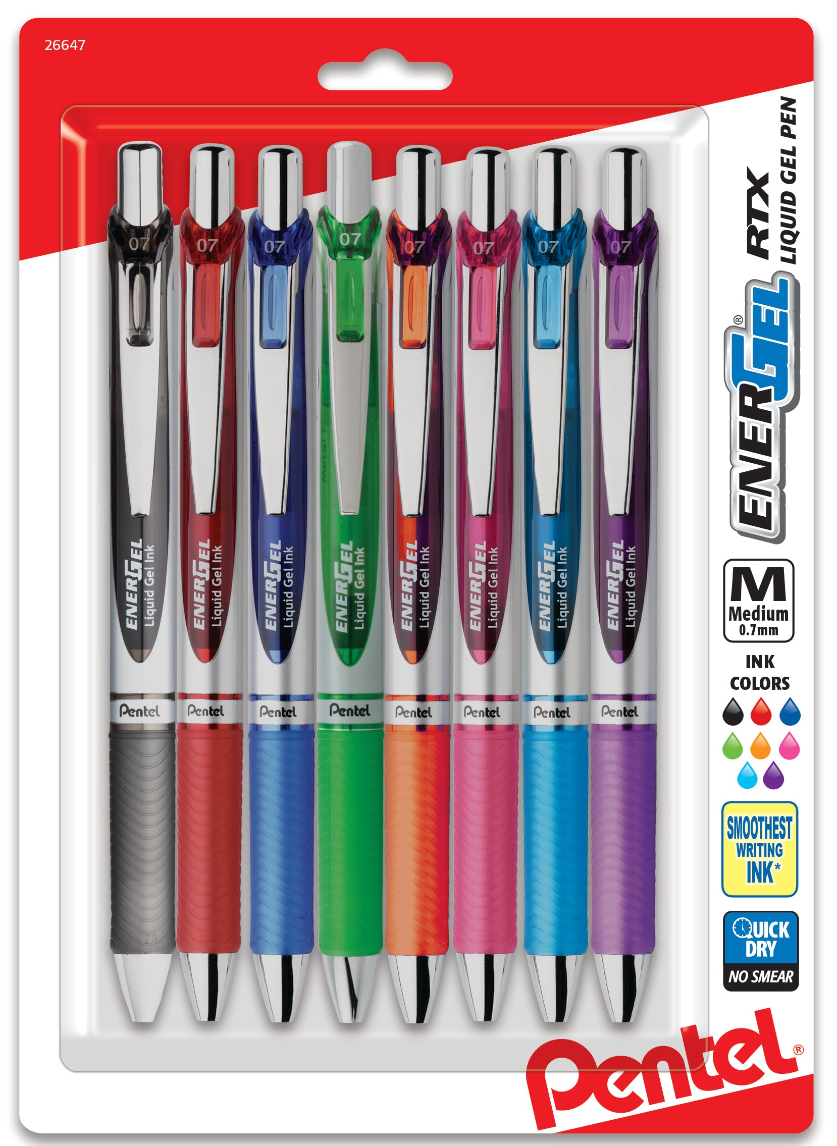 Pentel EnerGel RTX Retractable Liquid Gel Pen, (0.7mm) Metal Tip, Medium Line, Assorted Ink Mix 1, 8-Pk