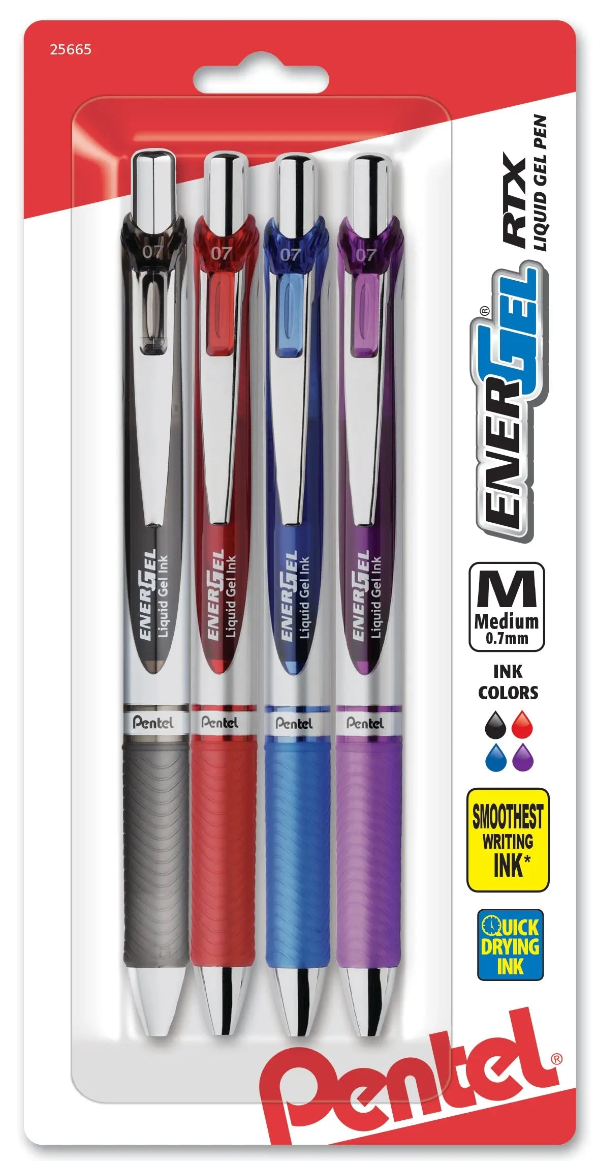 Set of four retractable gel pens with metal tips in black, red, blue, and purple ink, designed for smooth, quick-drying writing with a comfortable grip.