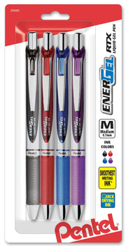 Set of four retractable gel pens with metal tips in black, red, blue, and purple ink, designed for smooth, quick-drying writing with a comfortable grip.