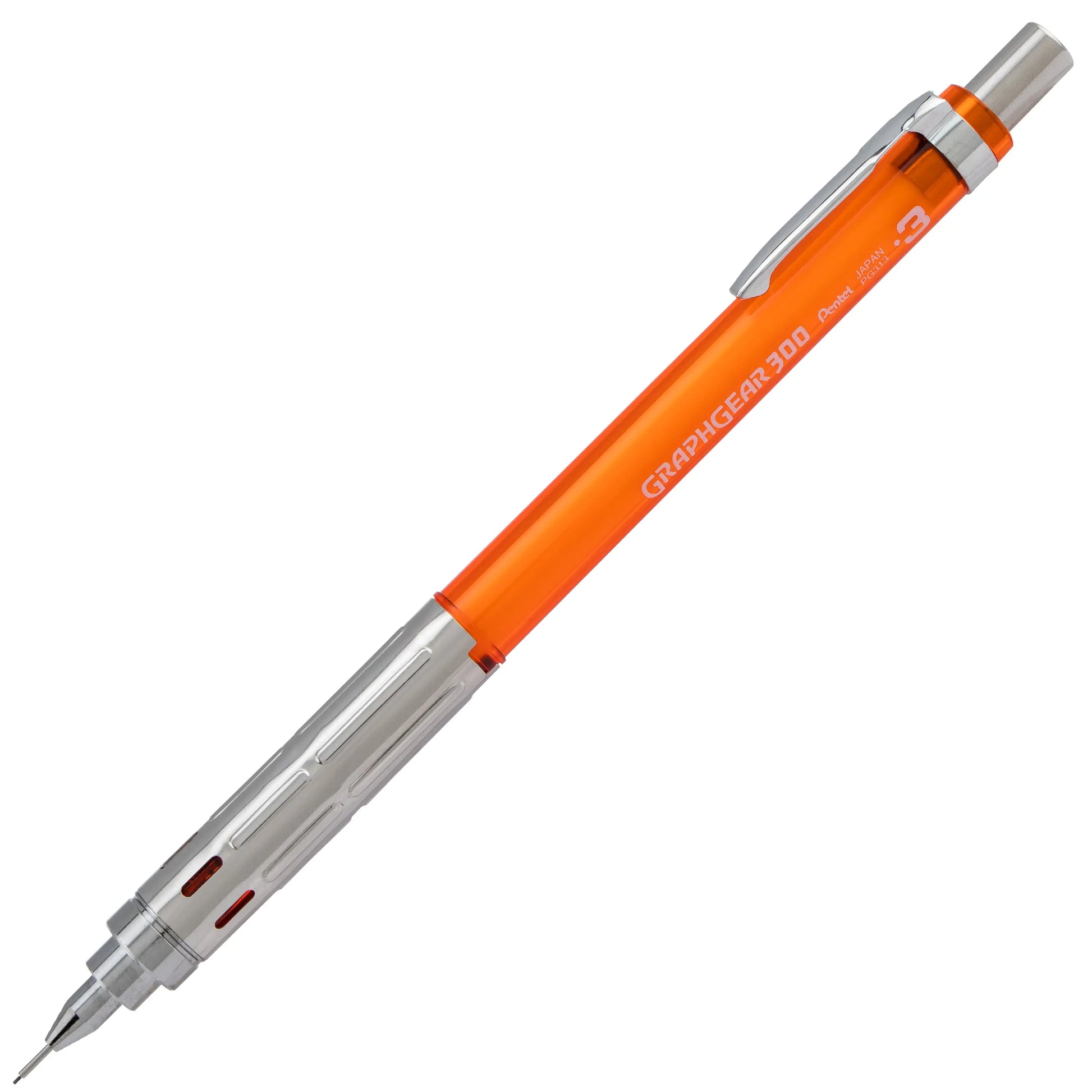Orange mechanical pencil with metal grip and clip, designed for extra-fine 0.3mm lines, featuring a small block eraser, ideal for precision writing and drawing.