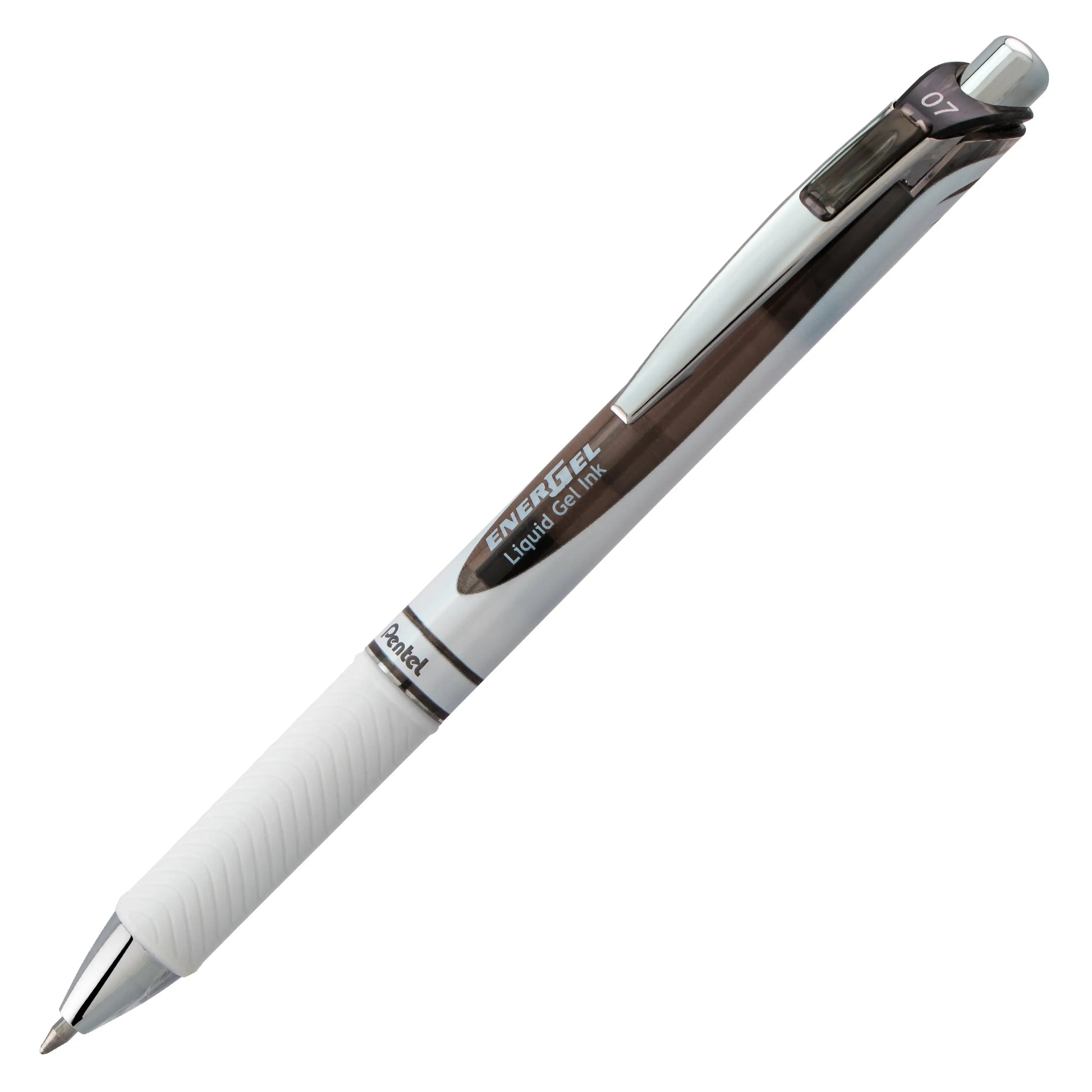 Retractable gel pen with metal tip and black accent, featuring smooth liquid ink and ergonomic grip for comfortable, consistent writing with premium quality and style.