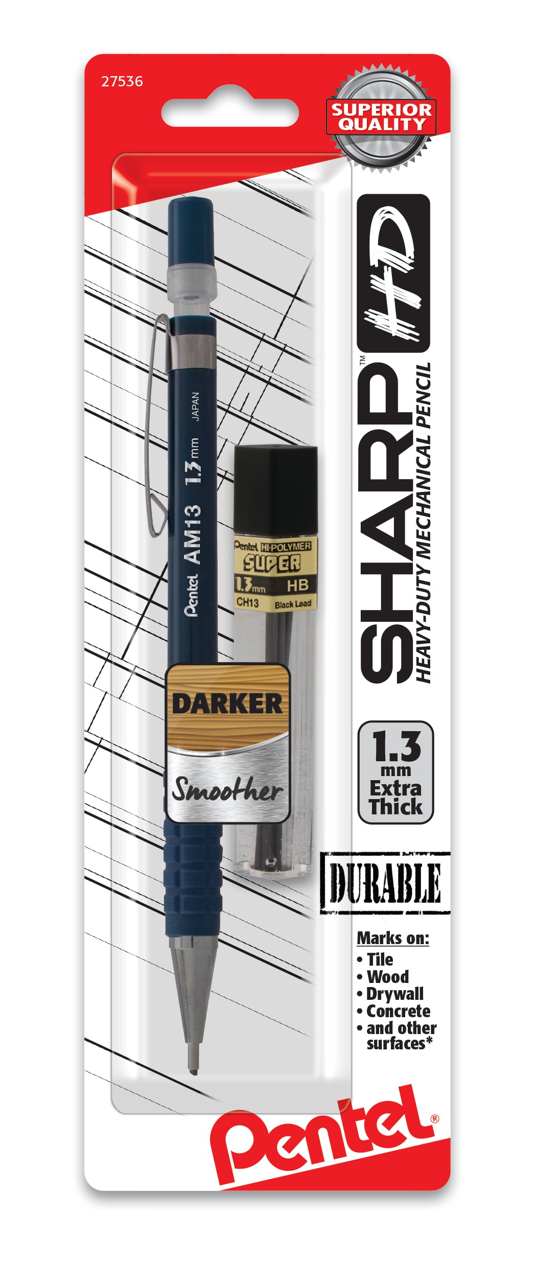 Pentel Sharp HD Mechanical Pencil (1.3mm), Dark Blue Barrel, (1) Super Hi-Polymer Lead Refill