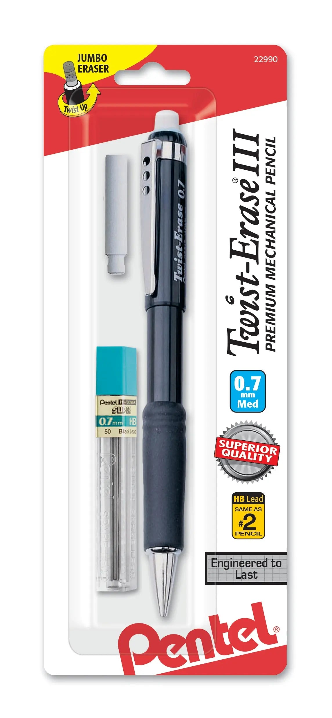 Black mechanical pencil with a comfortable grip, including 0.7mm lead refills and a jumbo twist-up eraser, designed as a premium writing tool with superior quality.