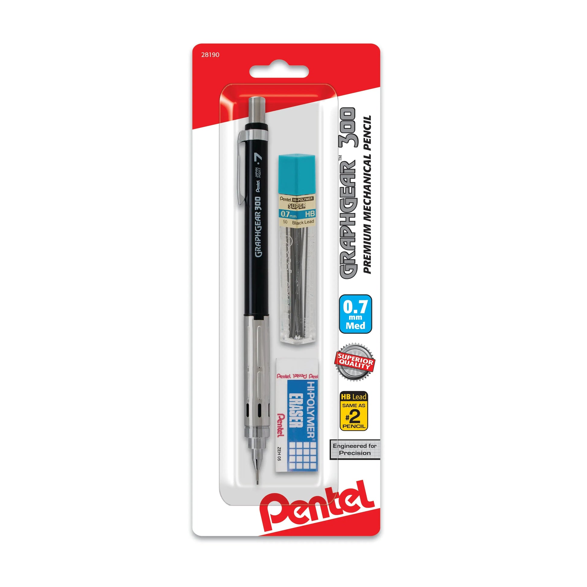 Pentel GraphGear 300 mechanical pencil with 0.7mm medium lead, included refill lead tube, and small block eraser in a clear pack, designed for precision writing.