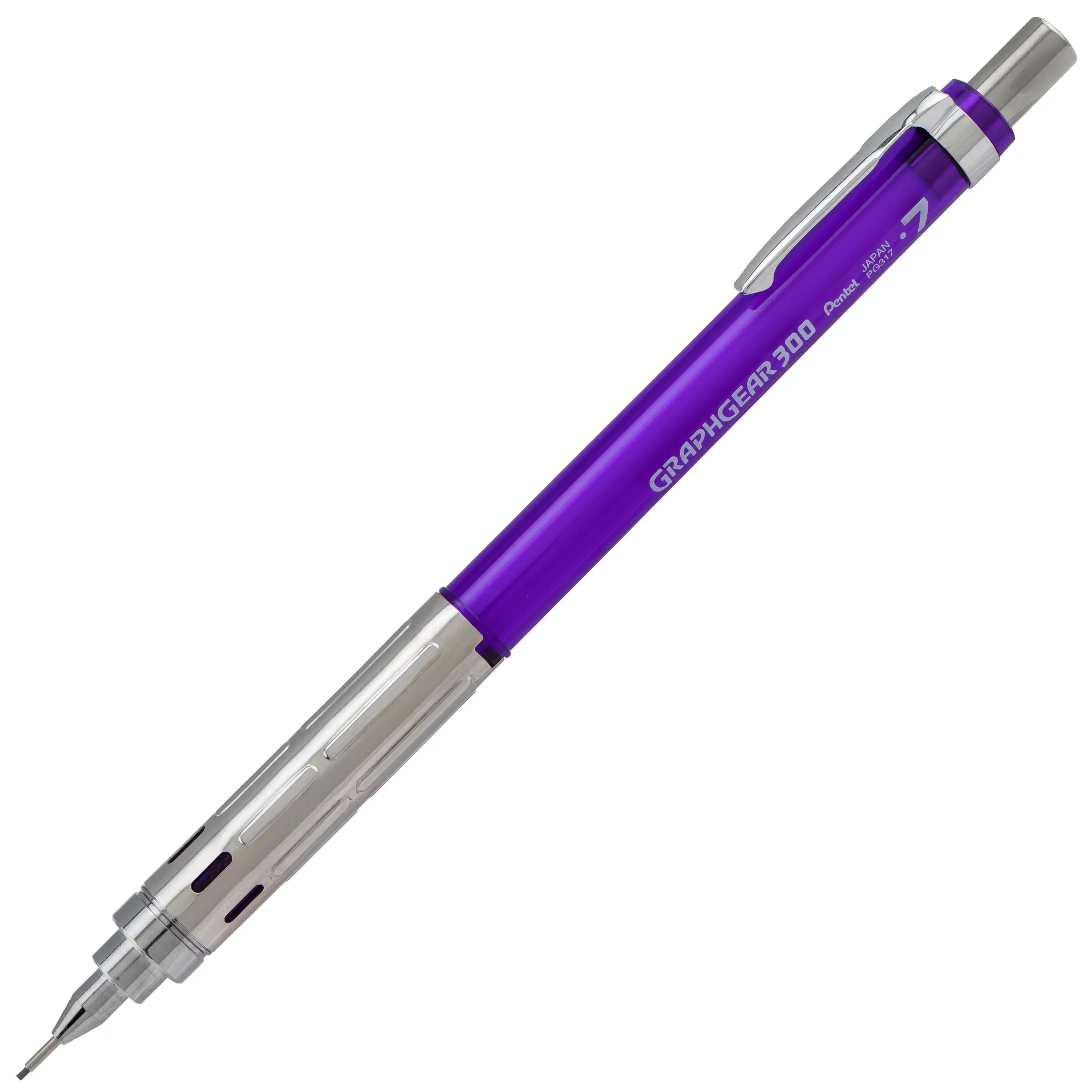 Mechanical pencil with a violet barrel and metal grip, designed for precise medium-line drawing and writing, ideal for artists and professionals seeking premium quality.
