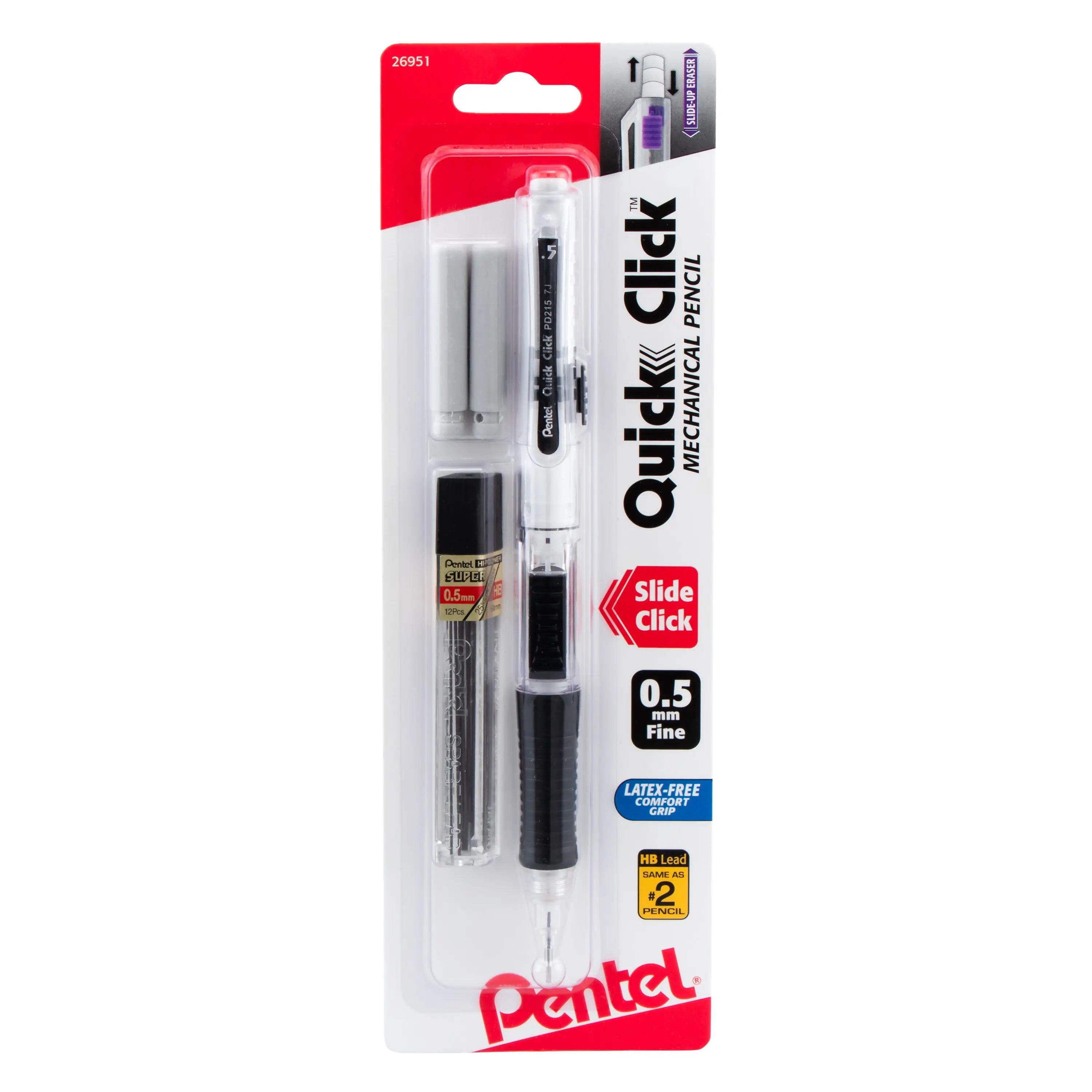 Clear mechanical pencil with black grip and retractable tip, includes 0.5mm lead refills and two eraser refills, designed for precision writing and durability.