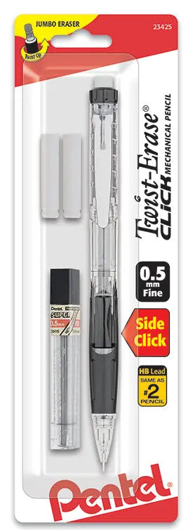 Clear barrel mechanical pencil with 0.5mm lead, side-click twist-erase mechanism, two refill erasers, and extra lead pack for smooth writing and precise erasing.