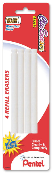 Four white refill erasers for mechanical erasers on red and white Pentel packaging, latex-free and designed to erase cleanly without tearing paper.