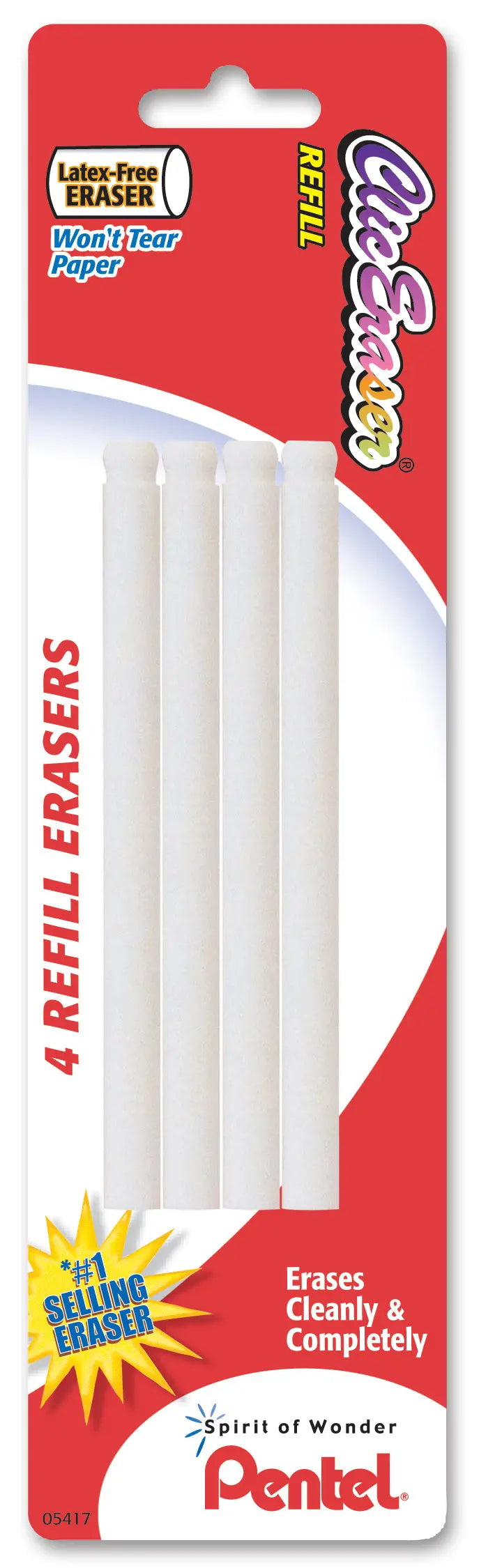Four white refill erasers for mechanical erasers on red and white Pentel packaging, latex-free and designed to erase cleanly without tearing paper.