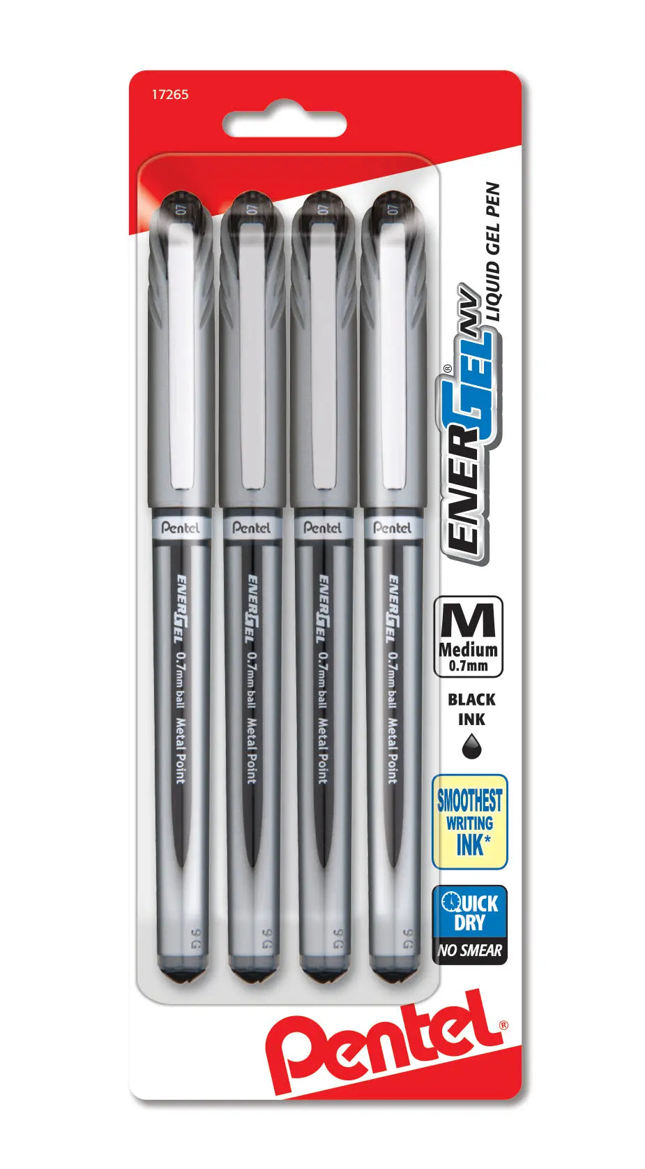 Pack of four black ink gel pens with 0.7mm metal tips, designed for smooth, quick-drying, smear-resistant writing, ideal for premium writing tasks.