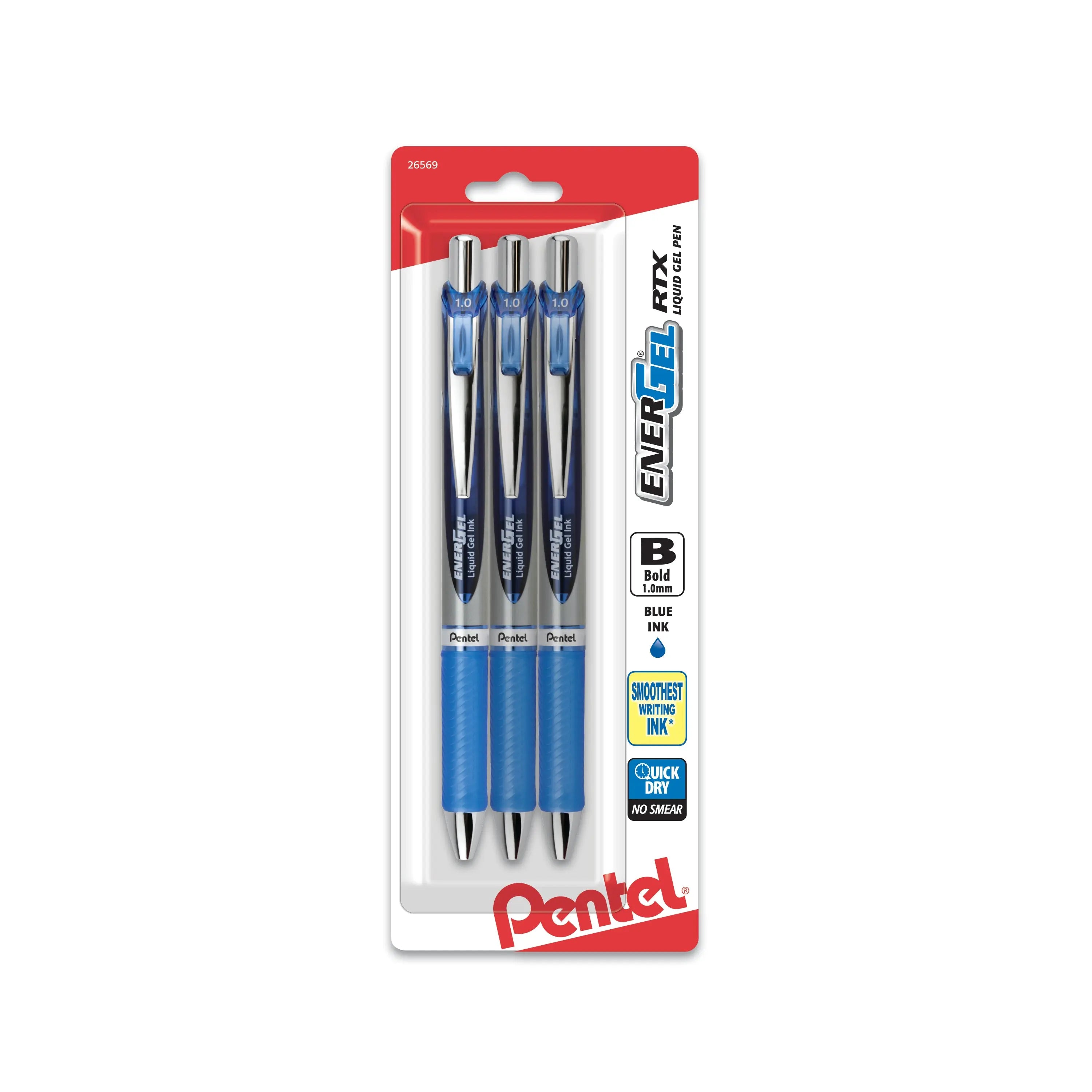 Three blue retractable gel pens with metal tips packaged in a branded Pentel blister pack, featuring smooth, quick-dry ink for bold, smudge-free writing.