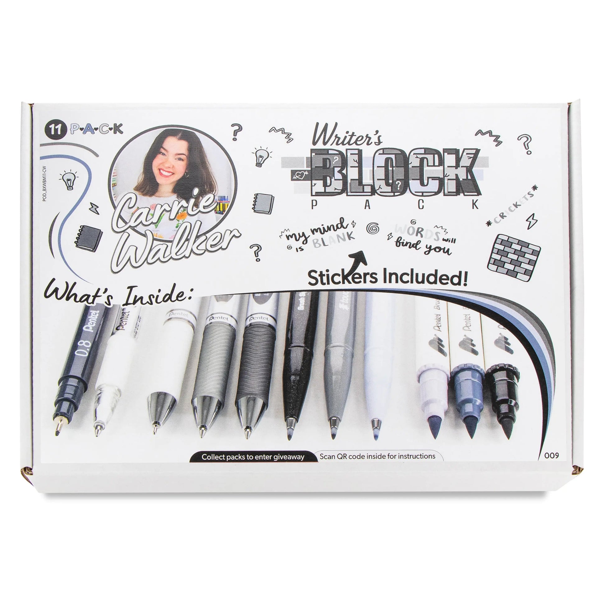 Box set of assorted black, white, and gray pens and markers including gel pens and mechanical pencils, featuring stickers, designed for creative writing and journaling.