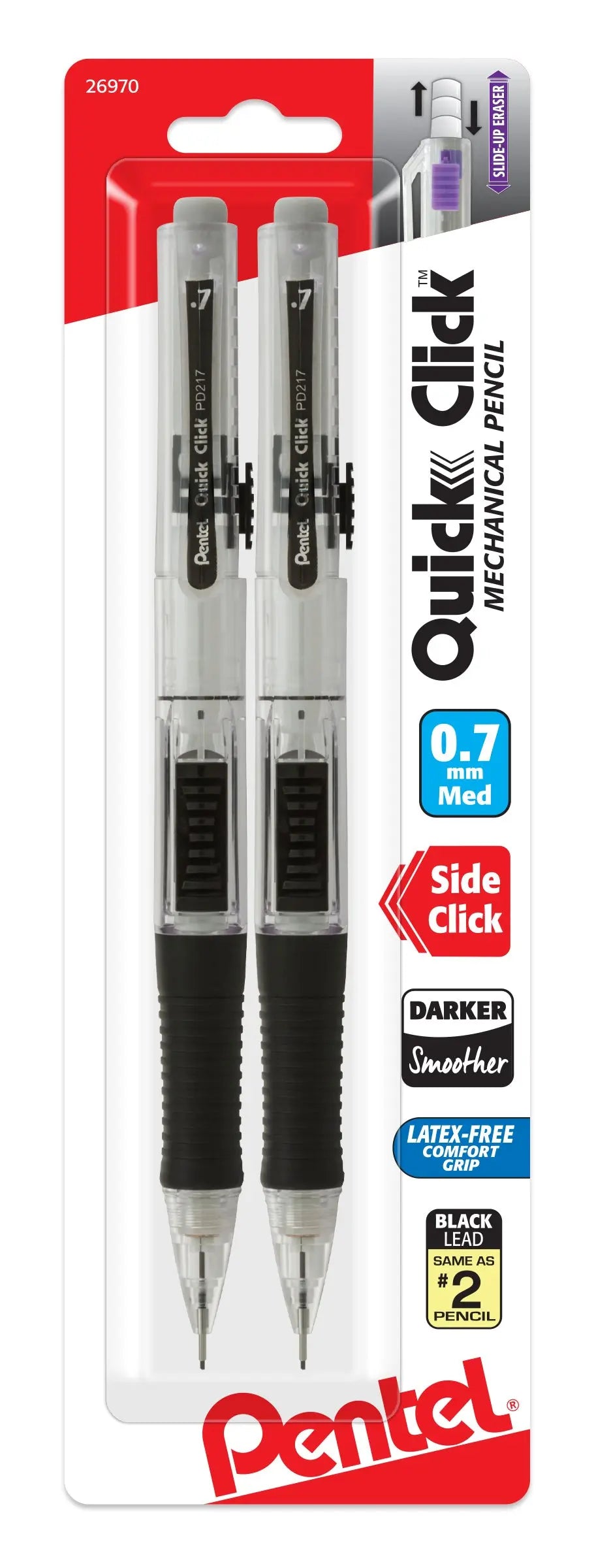 Two Pentel mechanical pencils with 0.7mm lead, featuring ergonomic black grips and clear barrels, packaged for precise, smooth writing with side-click advance.