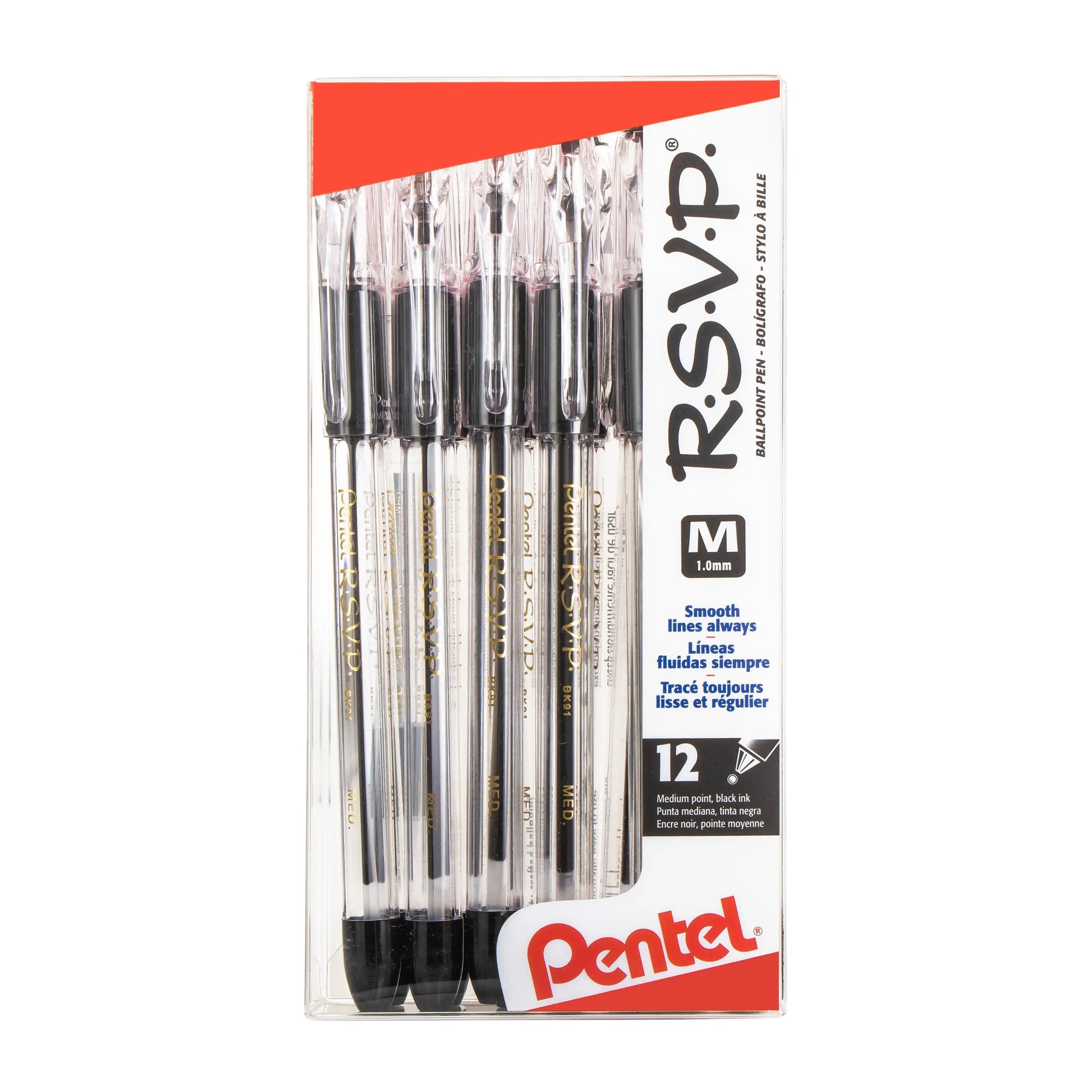 Clear plastic box containing 12 Pentel RSVP ballpoint pens with black ink, medium 1.0mm tips, designed for smooth, consistent writing with a reliable ink flow.