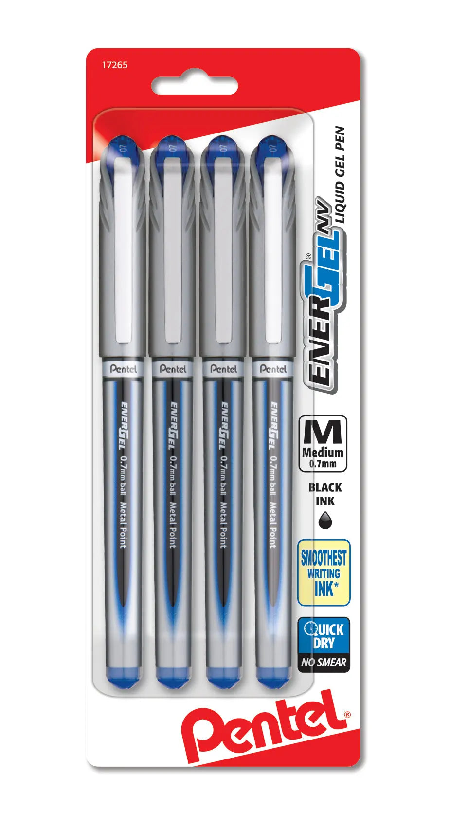 Pack of four Pentel EnerGel liquid gel pens with 0.7mm metal tips, featuring smooth, quick-dry ink for consistent writing and no smearing, ideal premium writing tools.