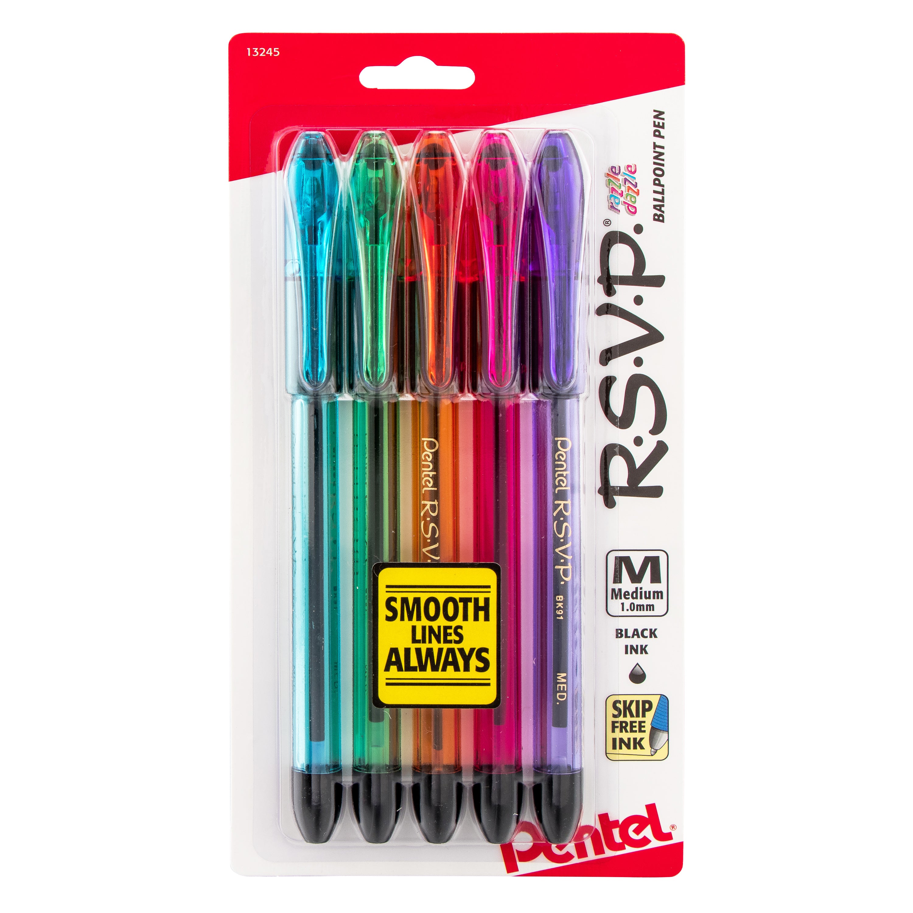 Pentel RSVP Razzle-Dazzle Ballpoint Pen, (1.0mm) Medium Line, Assorted Barrels, Black Ink, 5-Pk