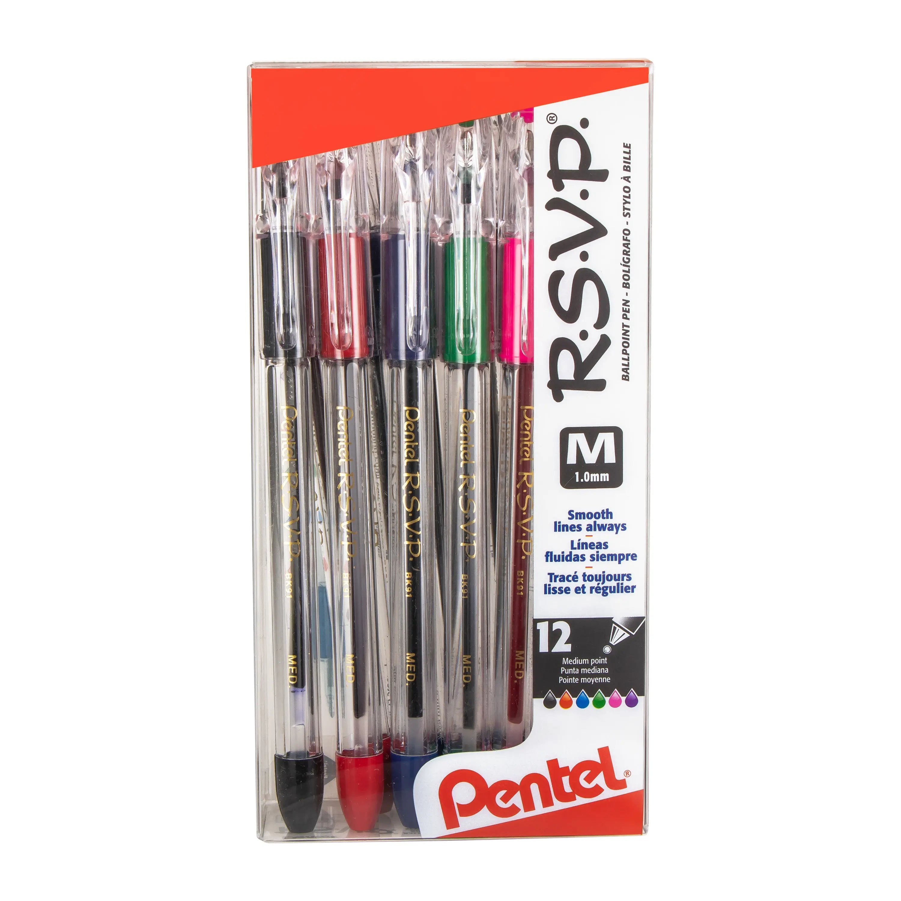 Set of assorted ink ballpoint pens with 1.0mm medium tips in a clear plastic box, designed for smooth, reliable writing with premium quality ink.