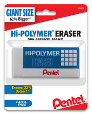 Extra large white Pentel Hi-Polymer block eraser in retail packaging, non-abrasive and latex-free, designed for precision erasing and improved performance.