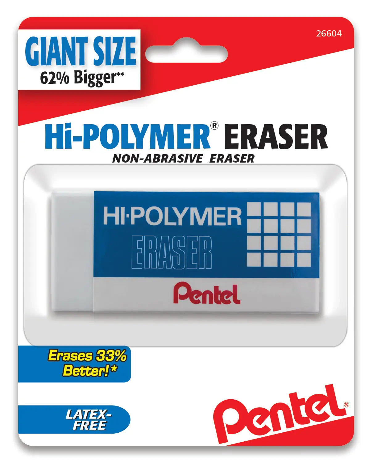 Extra large white Pentel Hi-Polymer block eraser in retail packaging, non-abrasive and latex-free, designed for precision erasing and improved performance.