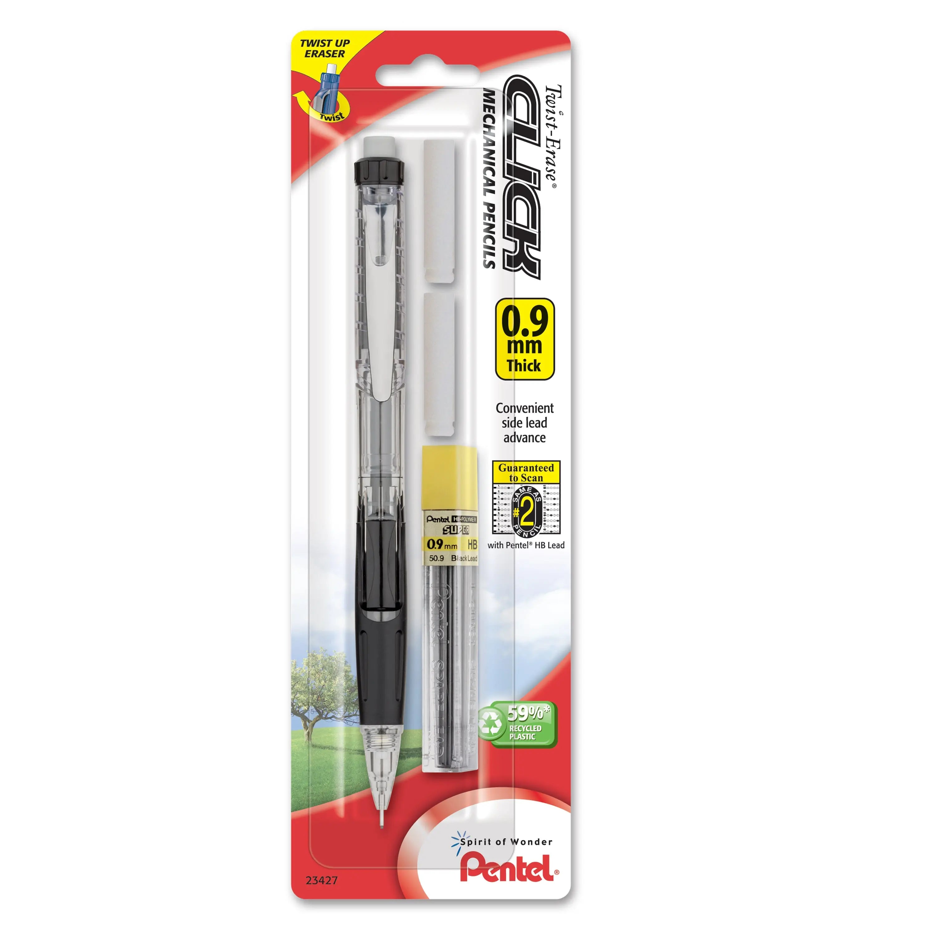 Clear barrel mechanical pencil with 0.9mm lead, packaged with extra lead and two erasers, featuring a comfortable grip and twist-up eraser for precise corrections.