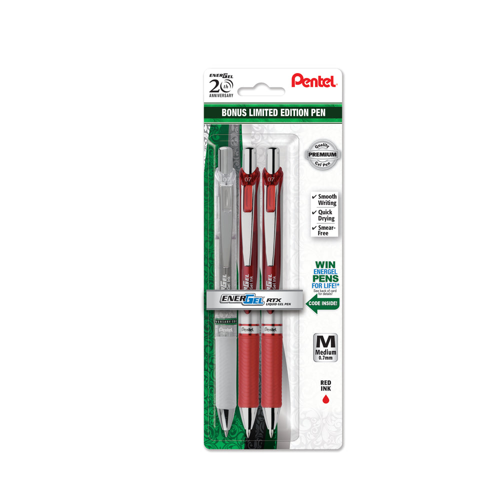EnerGel RTX Retractable Liquid Gel Pen, (0.7mm) Metal Tip, Medium Line, Red Ink 2-Pk w/ Anniversary Edition Pen Black Ink