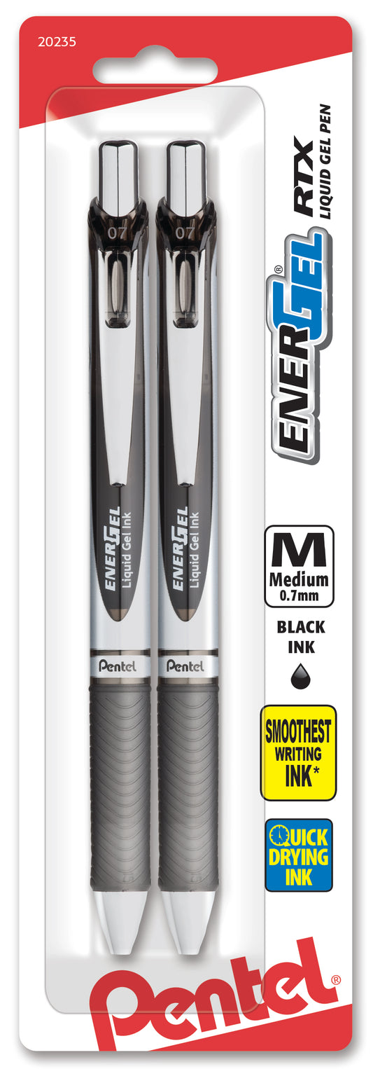 EnerGel RTX Refillable Liquid Gel Pen, 0.7mm, Black Ink 2-Pk